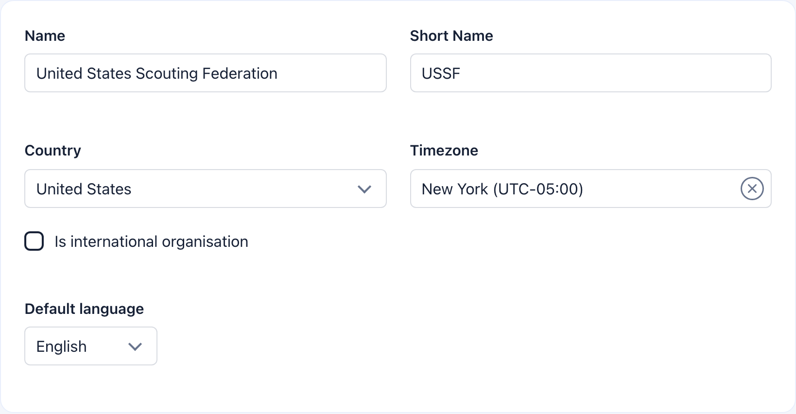 Basic details card showing organization name, country, timezone, and language