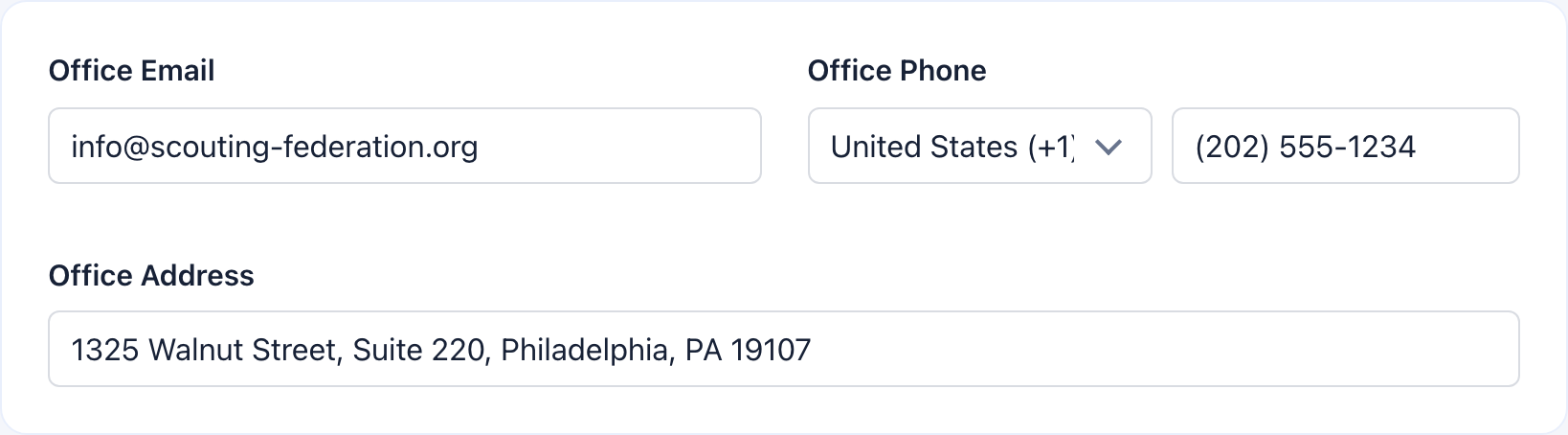 Contact information card with office email, phone, and address fields