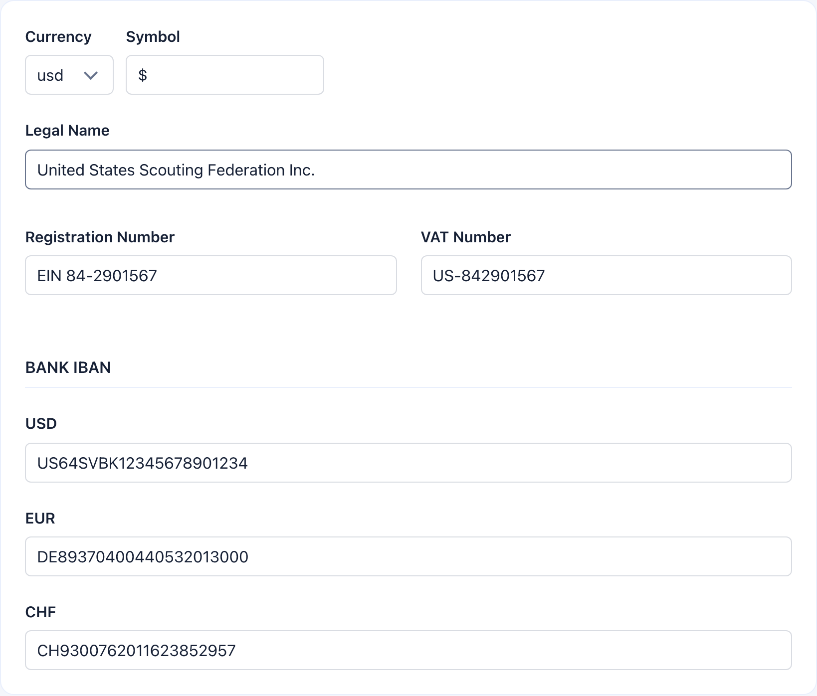 Financial details card with currency, legal name, registration number, VAT, and IBAN fields