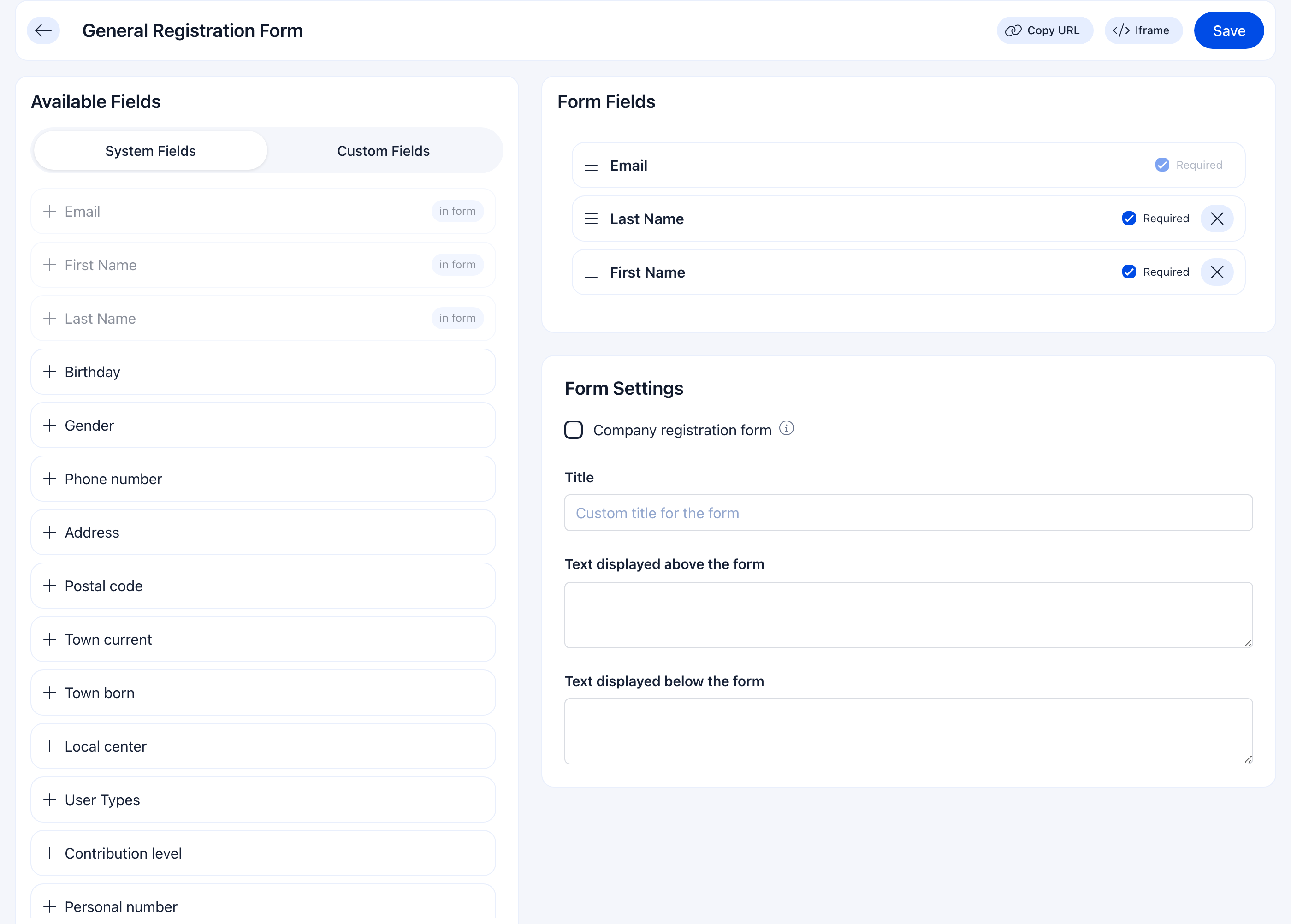 Registration form builder with available fields on the left and form layout on the right