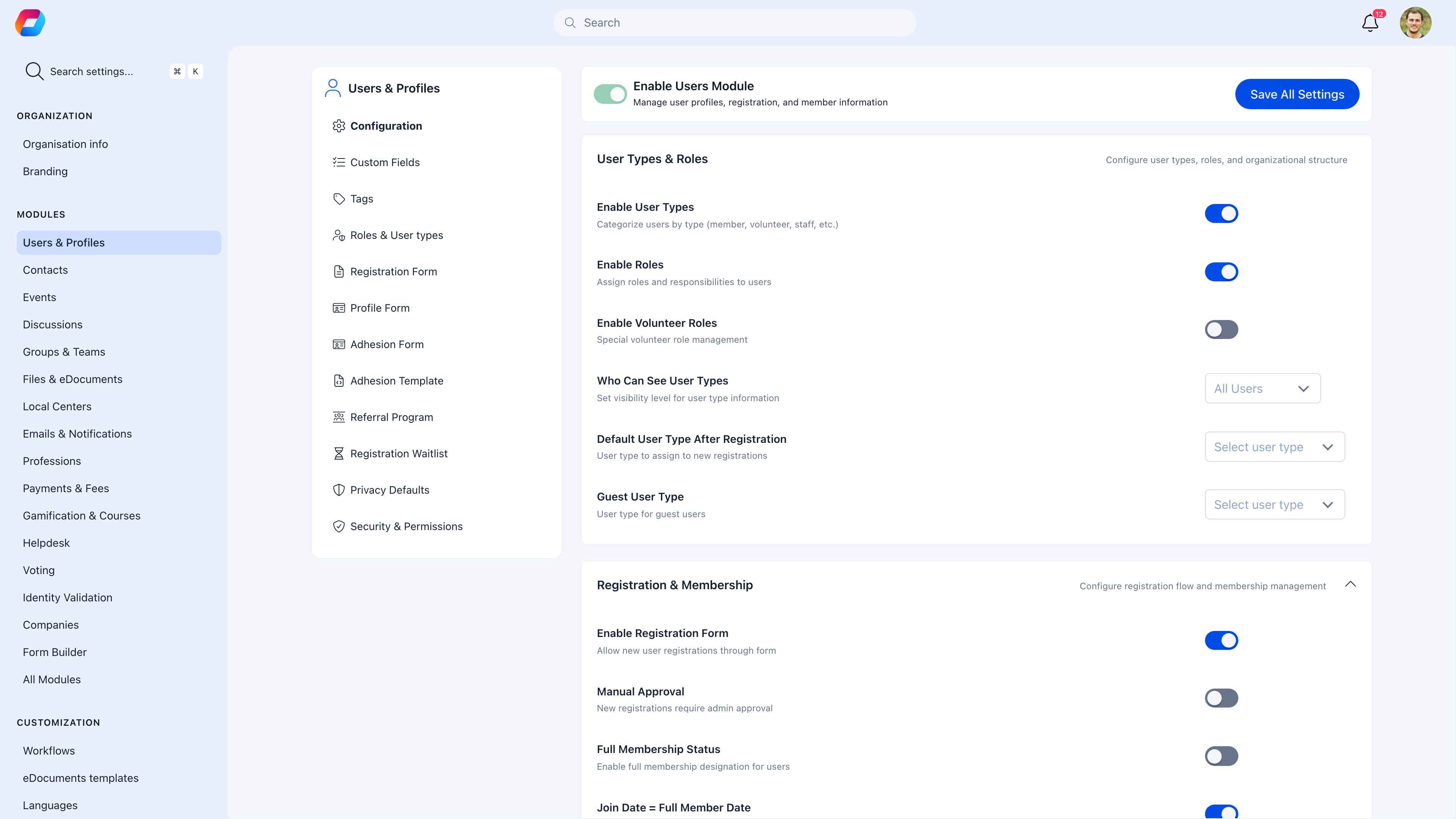 Settings page showing the sidebar with ORGANIZATION, MODULES, CUSTOMIZATION, and DEVELOPERS sections alongside the module configuration area