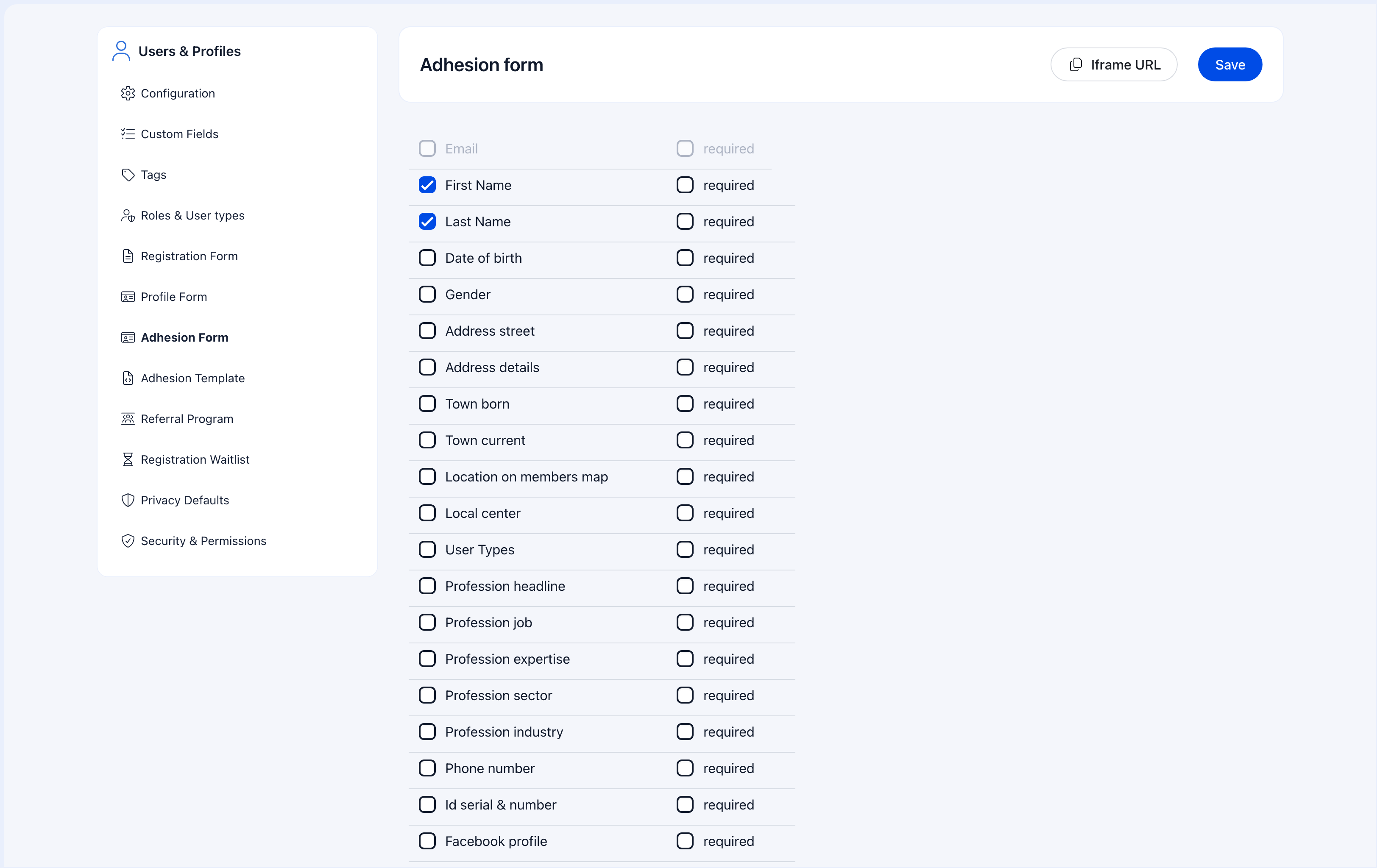 Adhesion form builder for membership applications