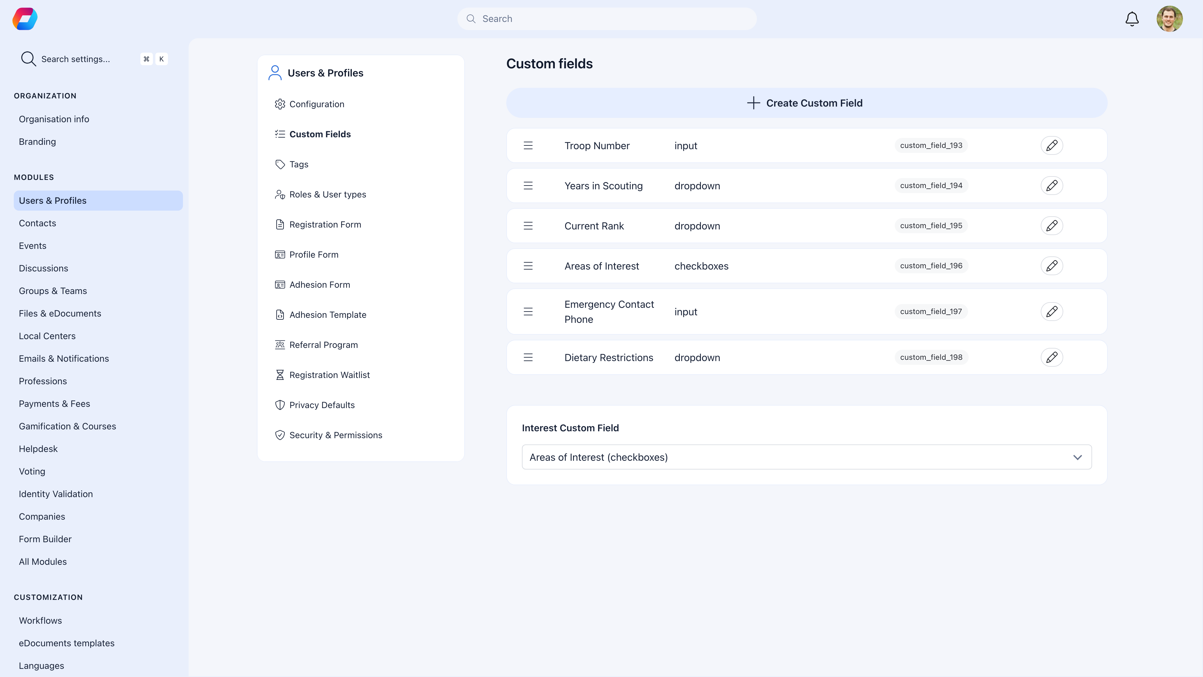 Custom Fields settings showing six fields — Troop Number, Years in Scouting, Current Rank, Areas of Interest, Emergency Contact Phone, Dietary Restrictions — with field types and edit buttons