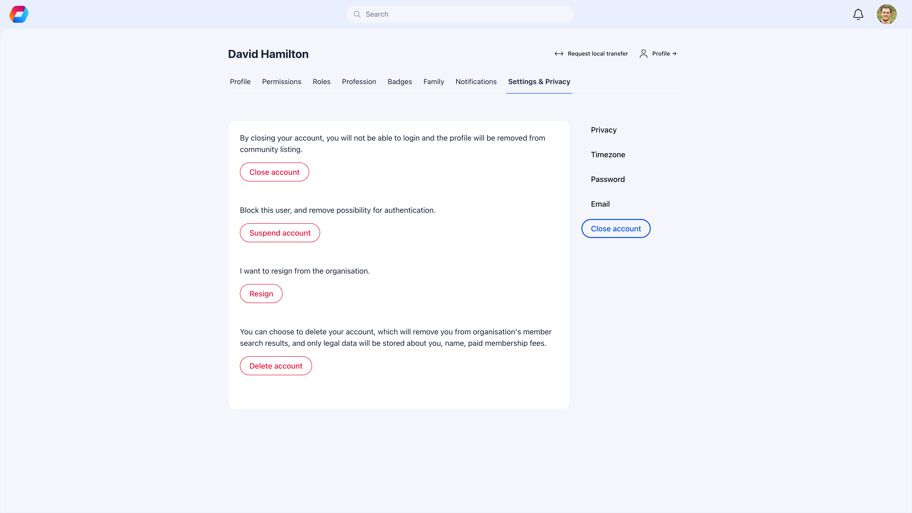 Account deletion page with confirmation