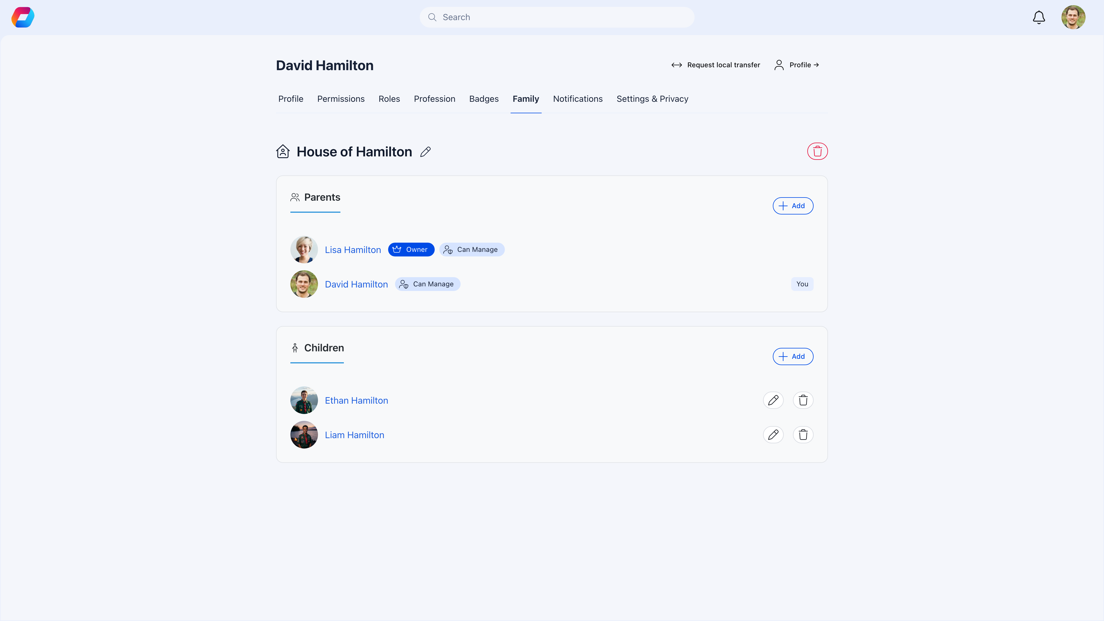 Family members tab on user profile