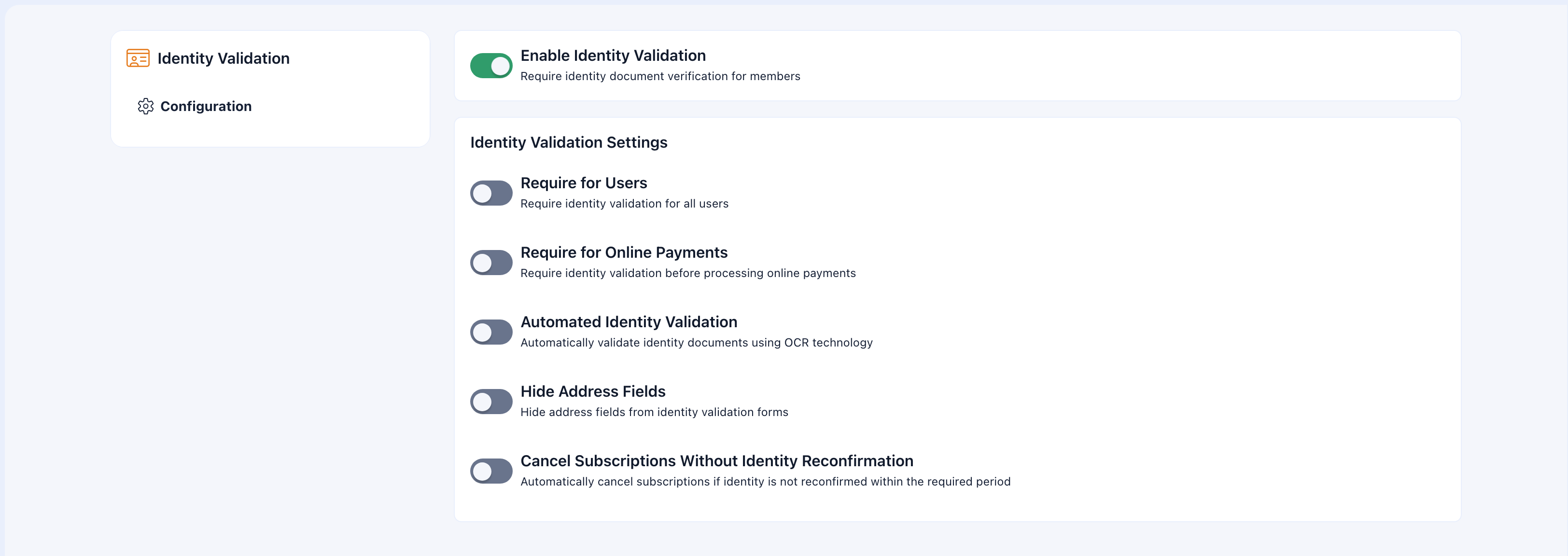 Identity validation module settings
