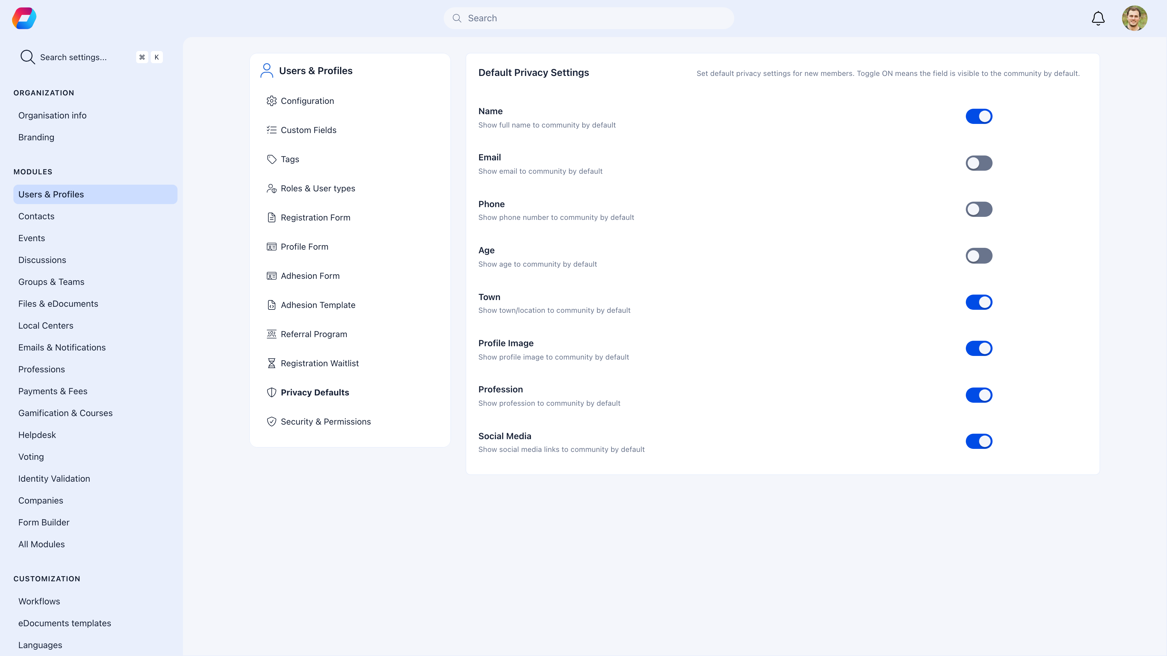 Default Privacy Settings showing toggles for field visibility — Name and Profile Image on, Email, Phone, and Age off, Town and Profession on