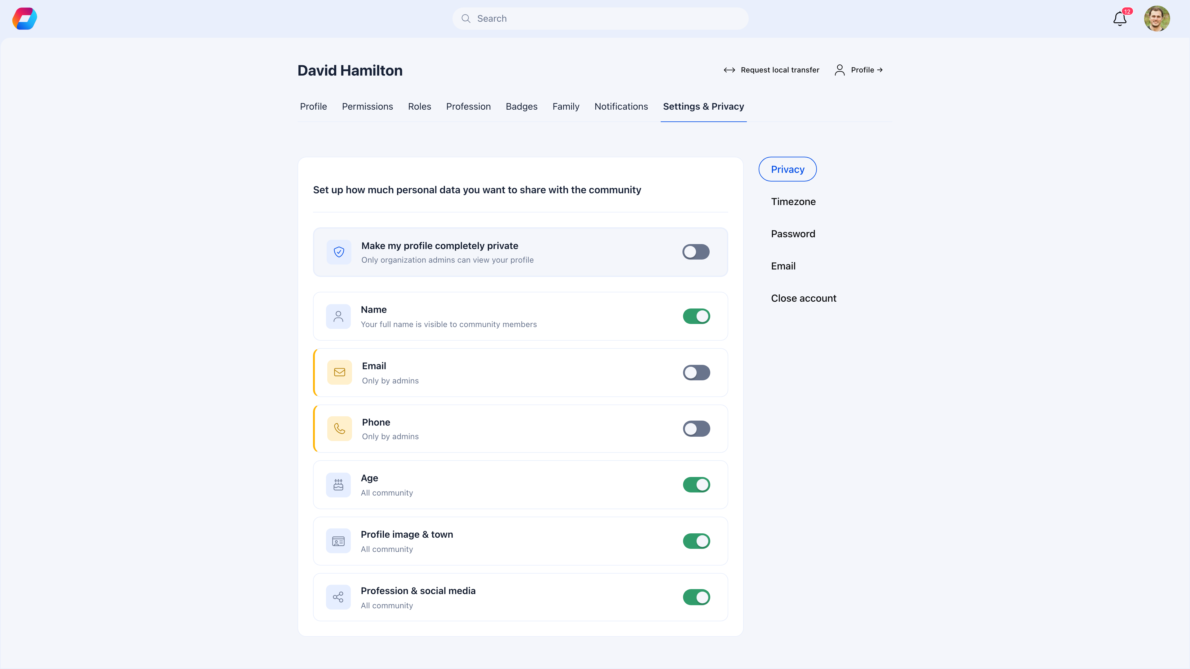 Settings & Privacy tab showing privacy toggles for each data category