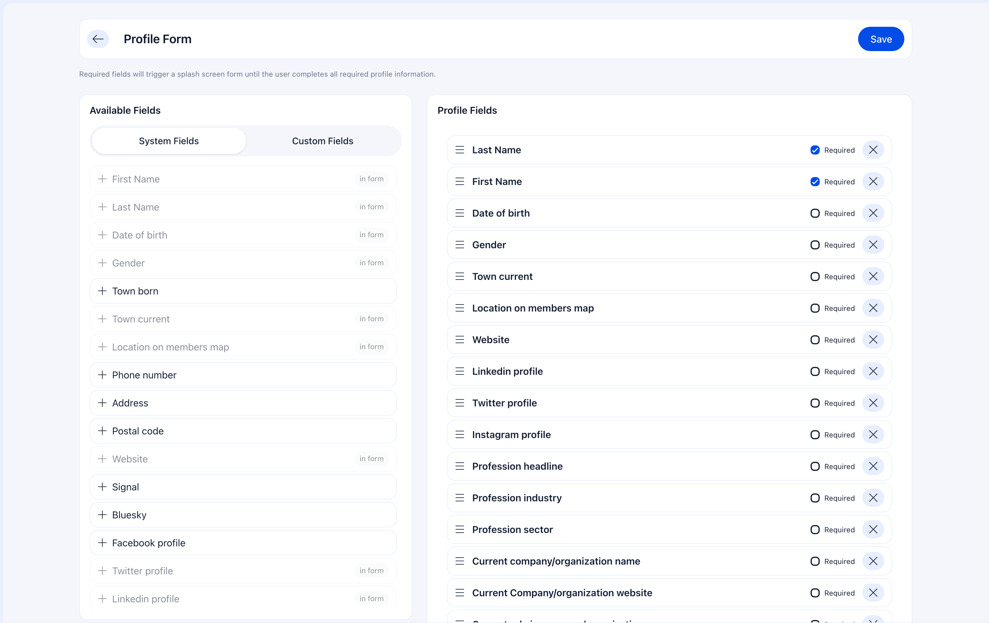Profile fields configuration with visibility and required settings