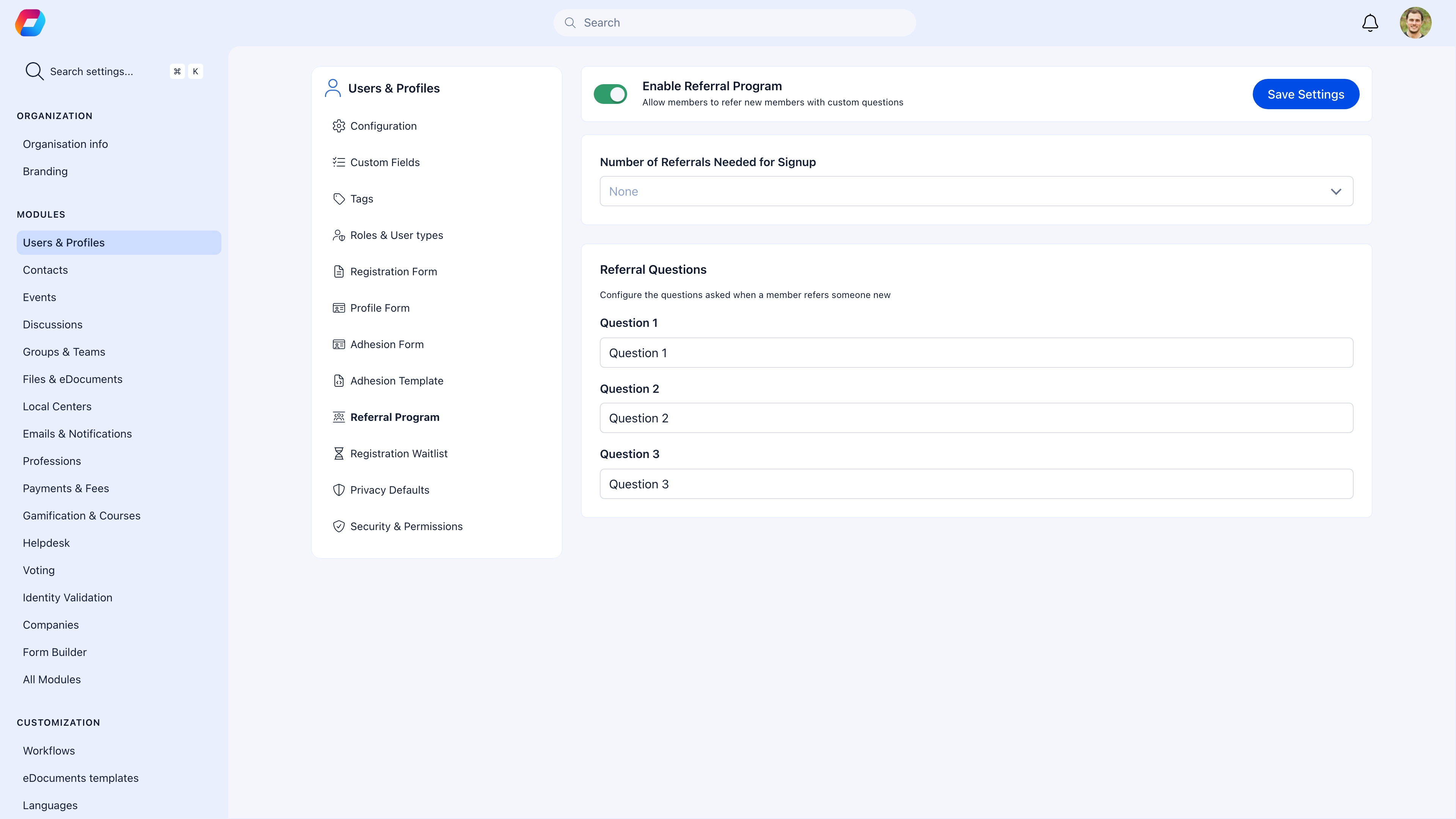 Referral Program settings with enable toggle, number of referrals needed, and customizable referral questions
