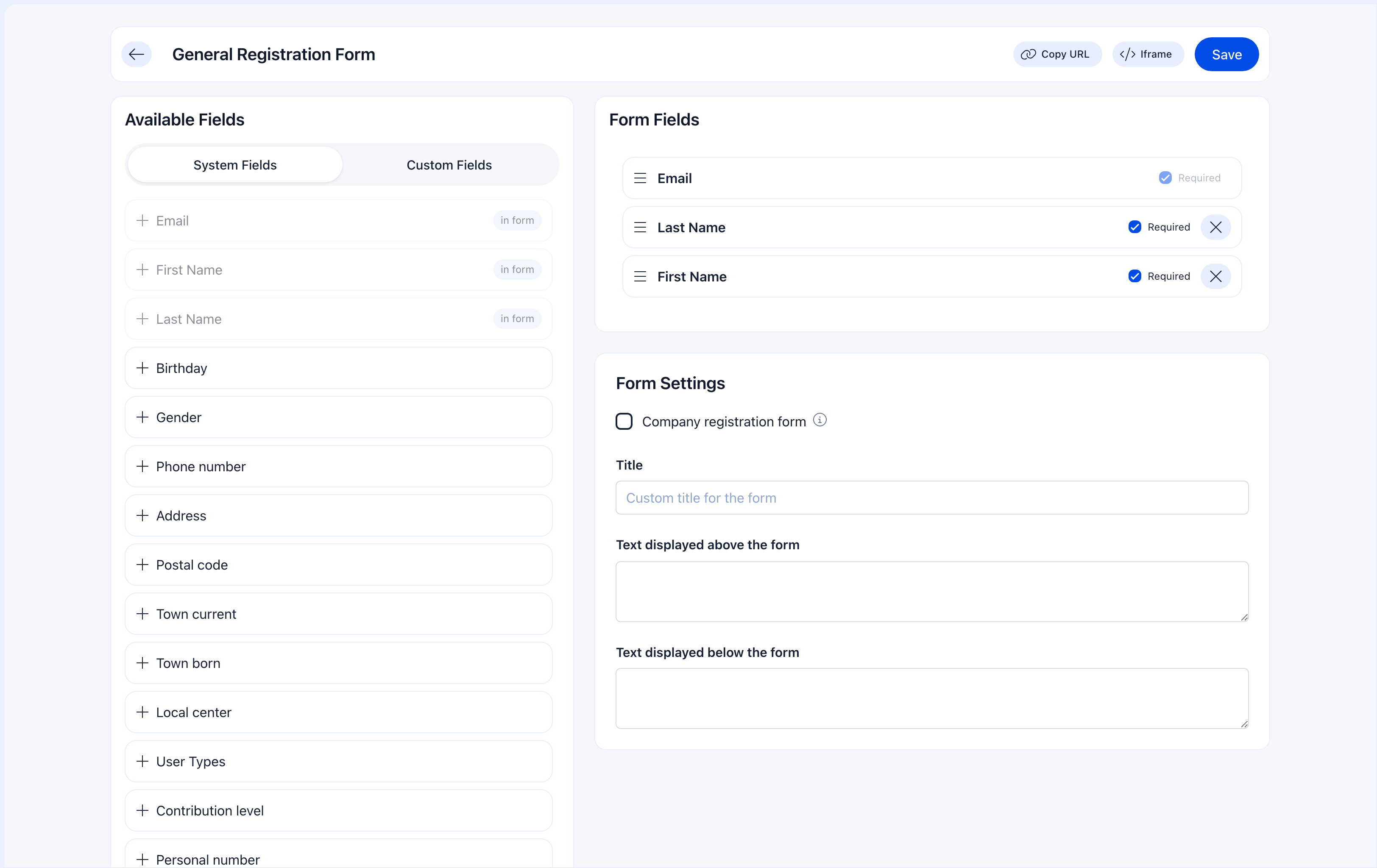 Registration form builder showing available fields