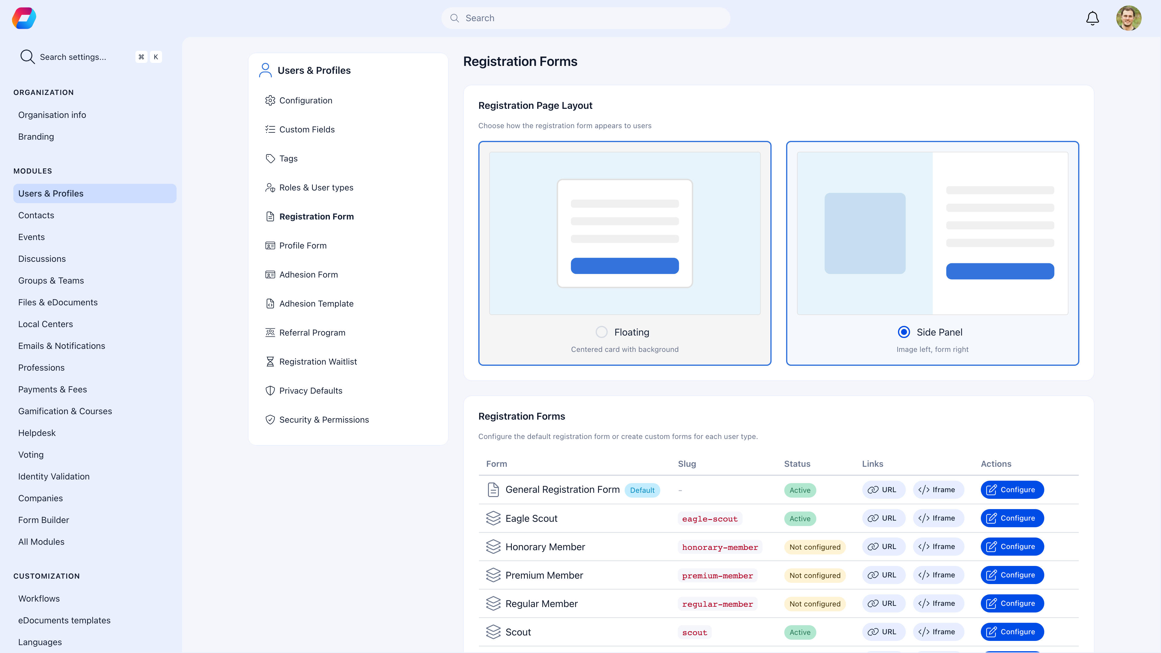 Registration forms page showing layout selector, user type forms with slugs, active status, and URL/Iframe links