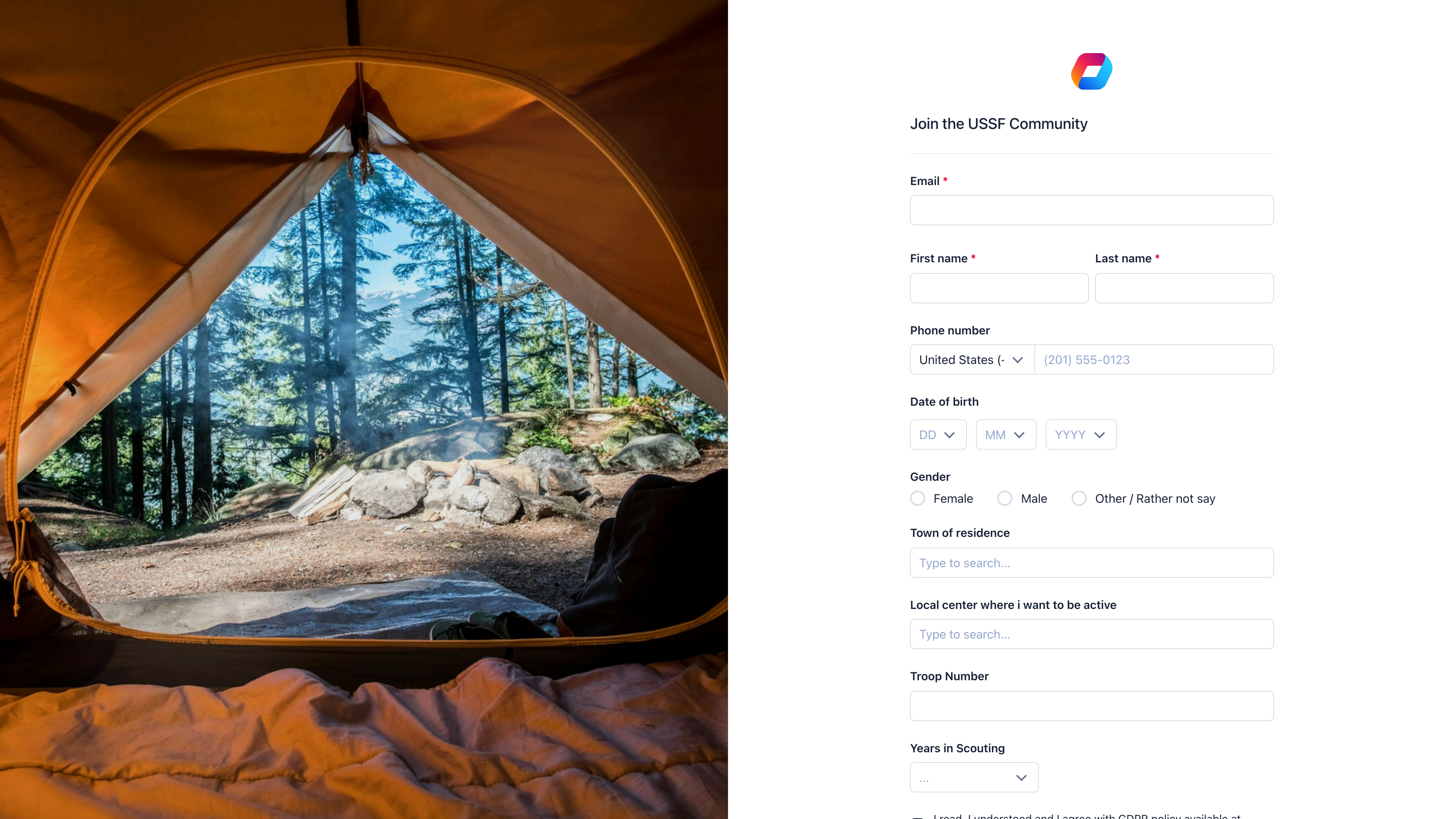 Side panel registration page with camping photo on the left and registration form on the right showing email, name, phone, birthday, gender, town, local center, and custom fields