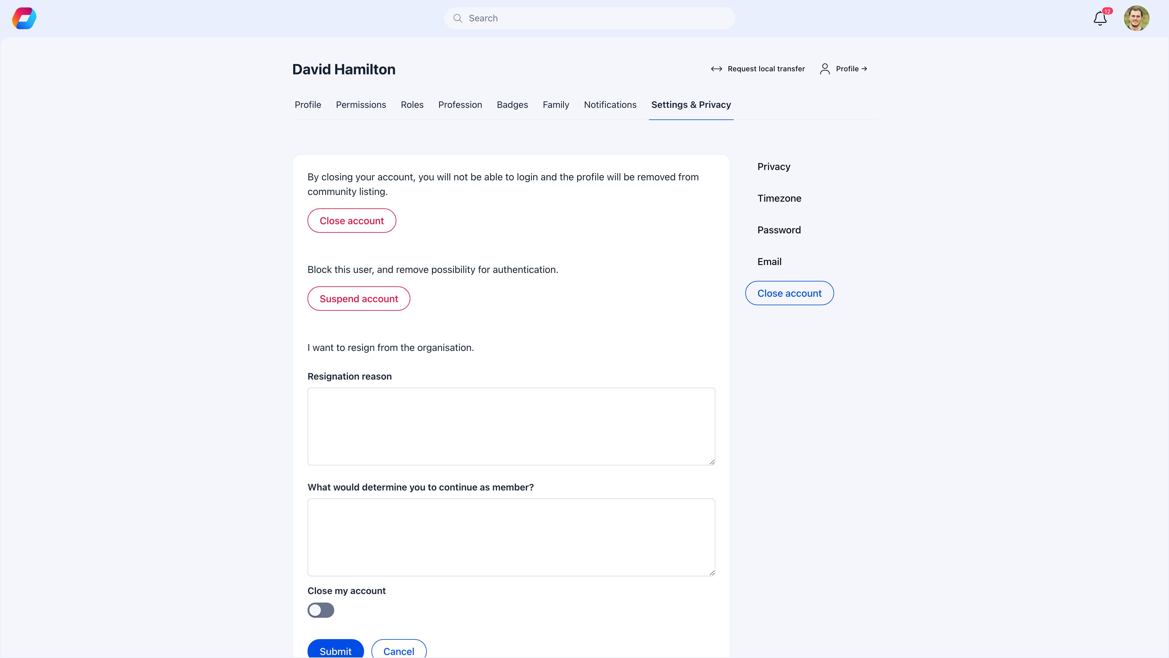 Member resignation form showing reason field, feedback field, and close account toggle