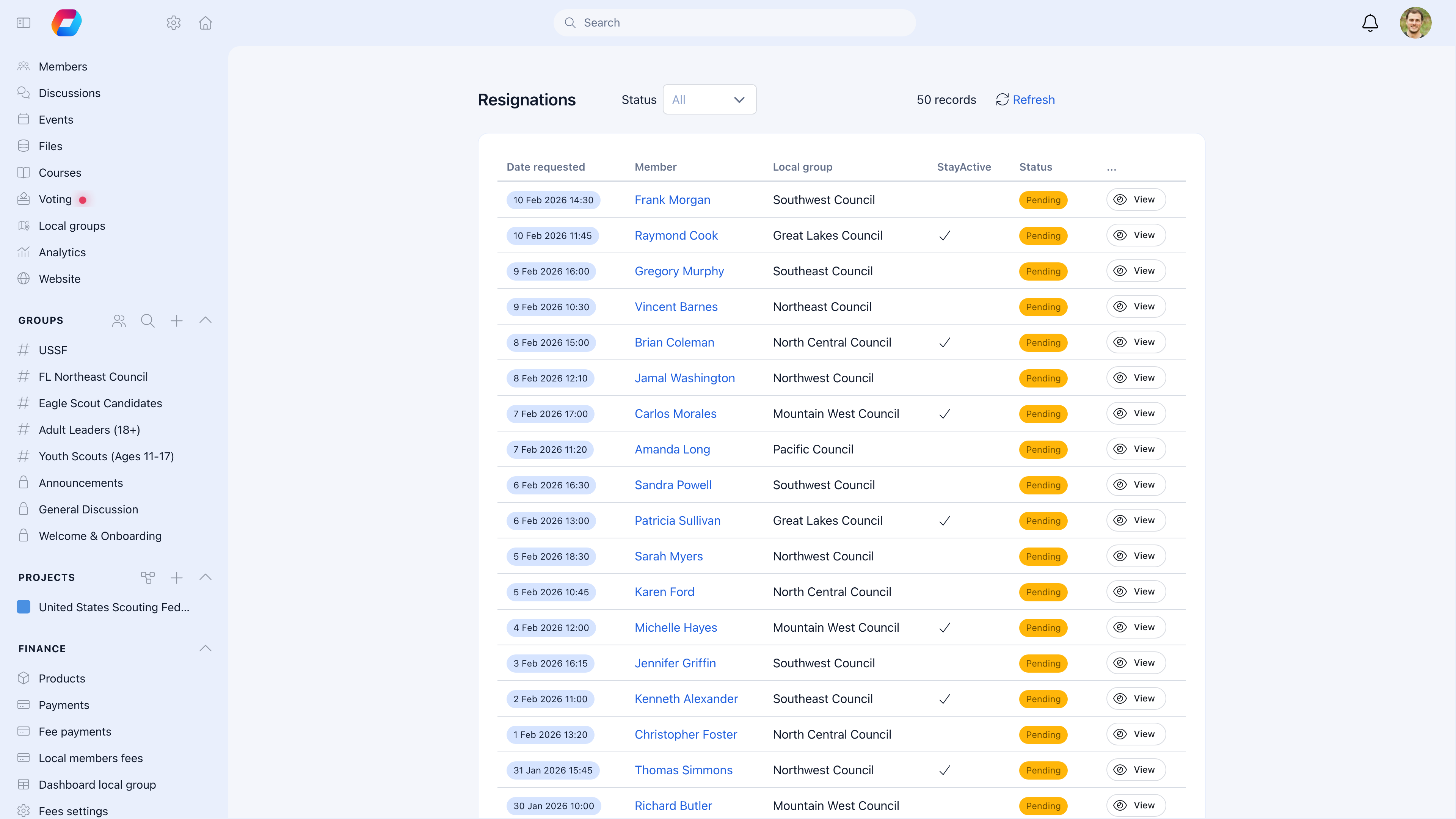 Resignation requests list showing pending requests with date, member name, local group, and status