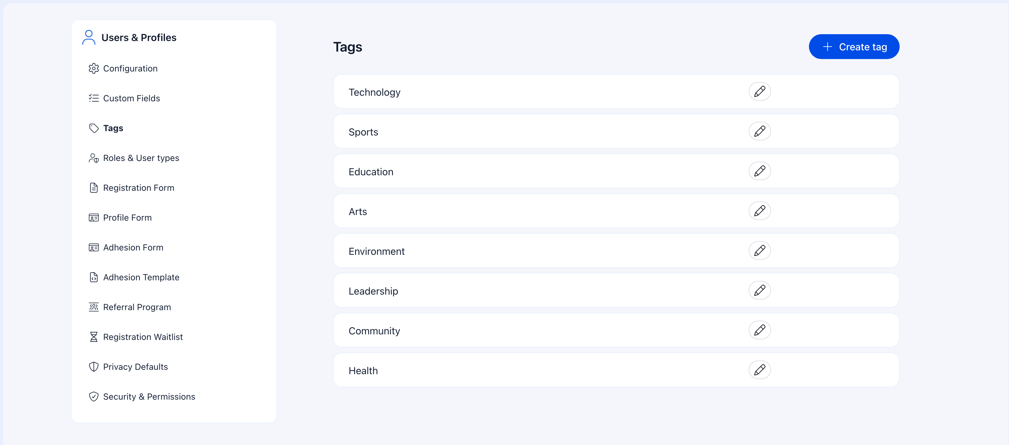 Tags management page showing organization tags with edit options