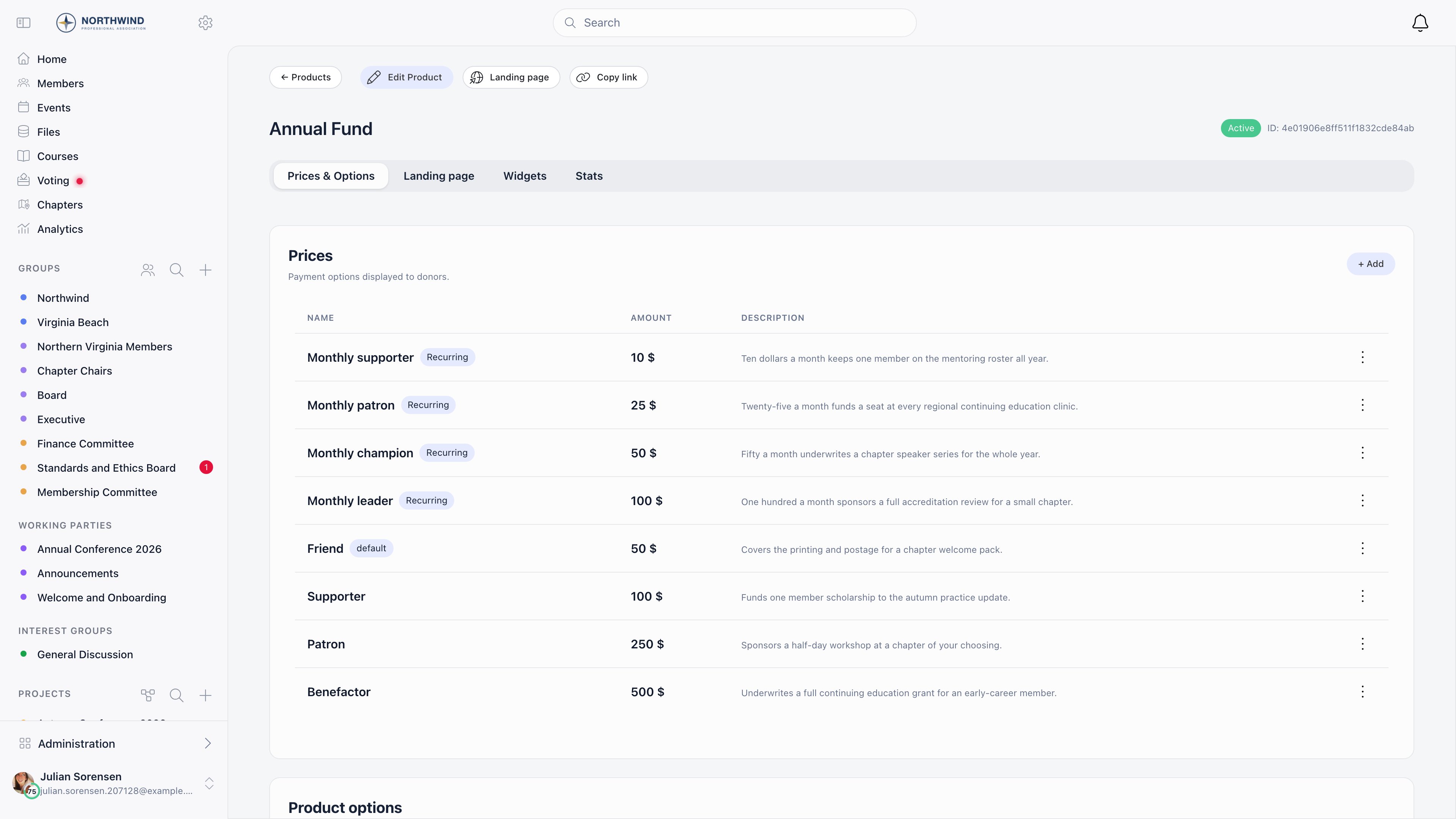 Prices and Options tab of a donation campaign listing suggested amounts by name, value and description, one tagged default and four tagged Recurring, with an Add button above the table