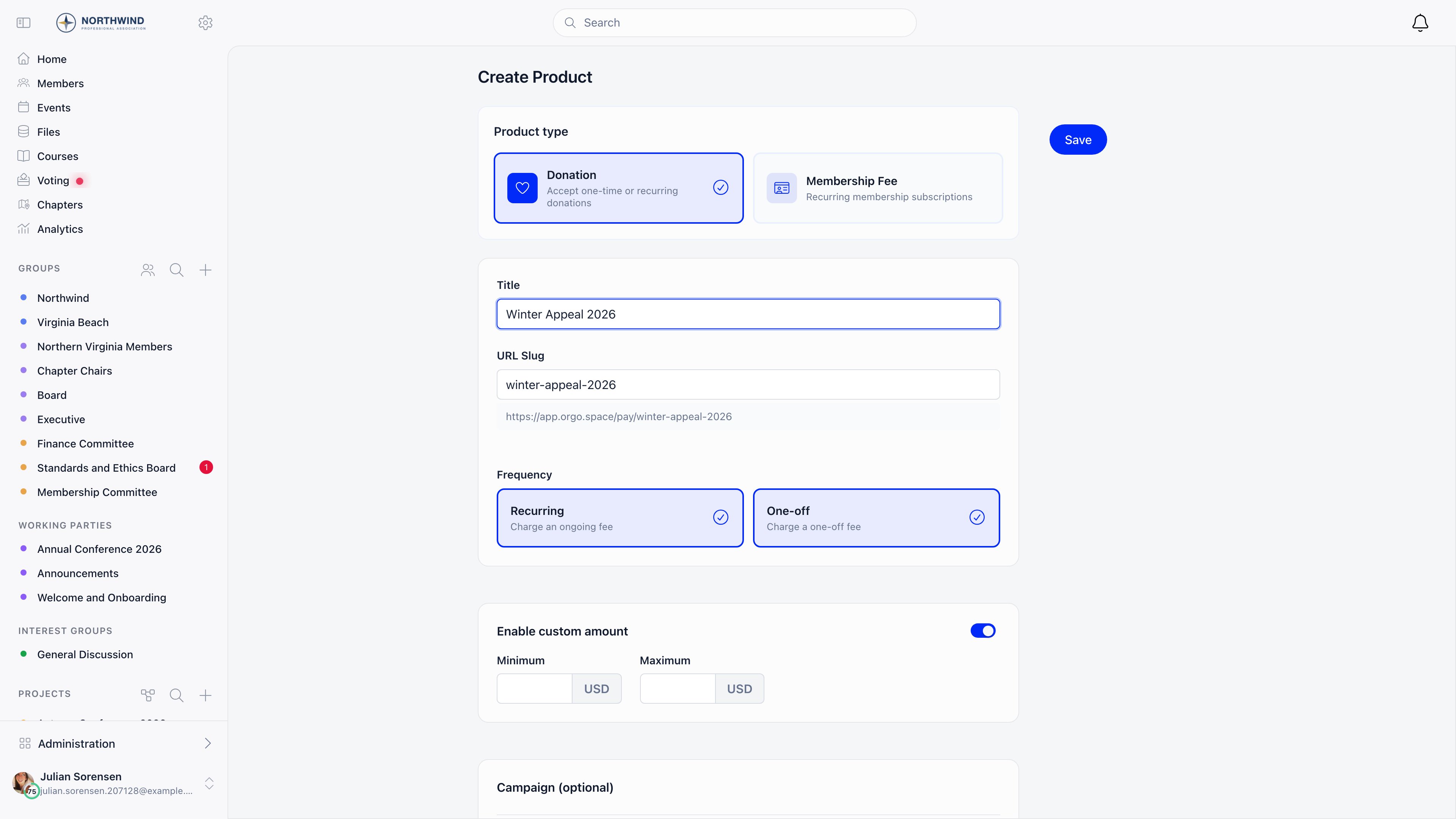 Create Product form with the Donation card selected next to Membership Fee, a campaign title, the URL slug generated from it with the public address preview beneath, the Recurring and One-off frequency cards both ticked, custom amount minimum and maximum fields, and the start of the Campaign block