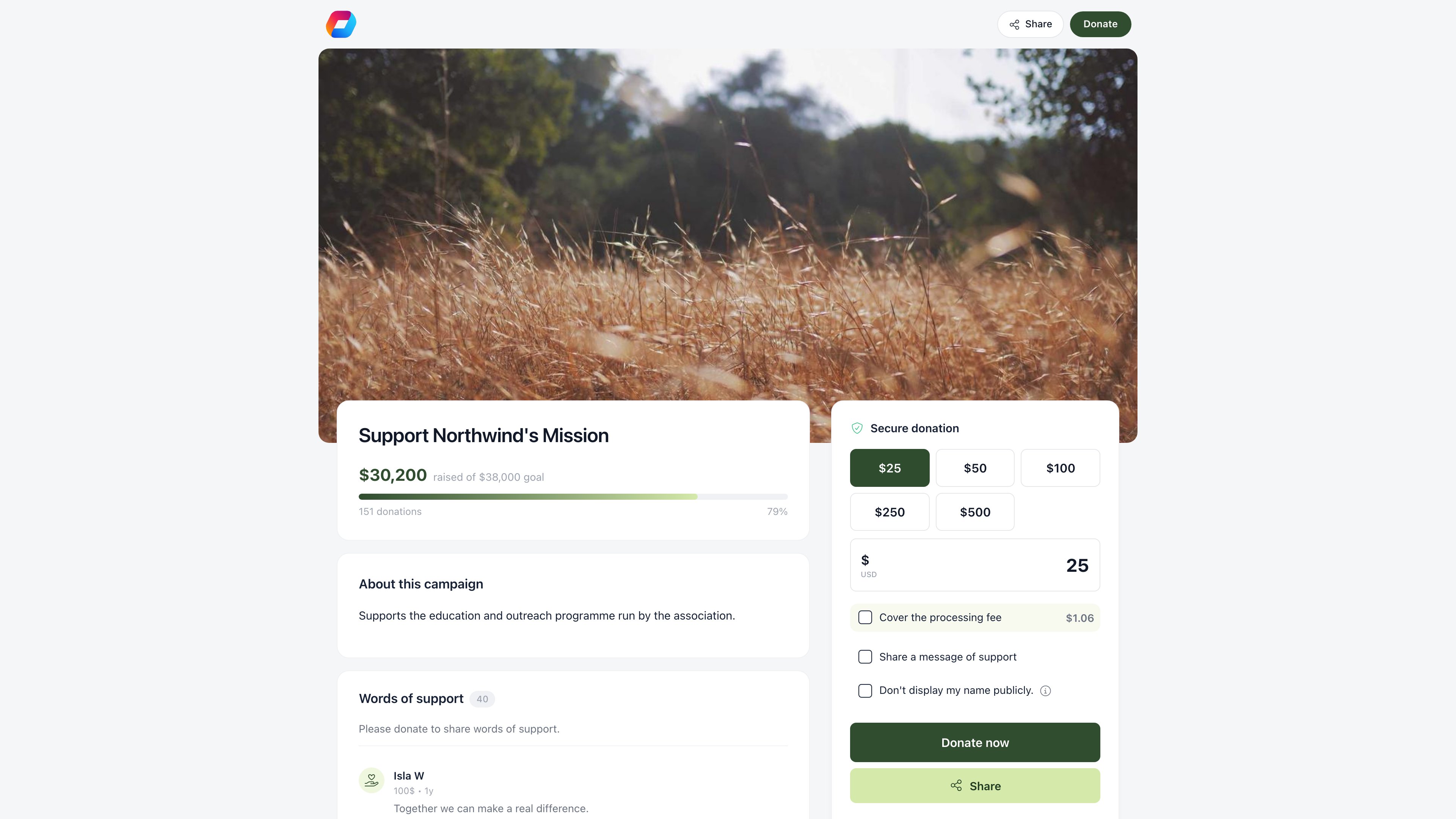 Public donation page showing the amount raised against the goal with a progress bar and donation count, an About this campaign story, a Words of support list of donor messages, and a sticky donation form with suggested amount buttons, a custom amount, Cover the processing fee, a confidentiality checkbox, Donate now and a recent donations panel