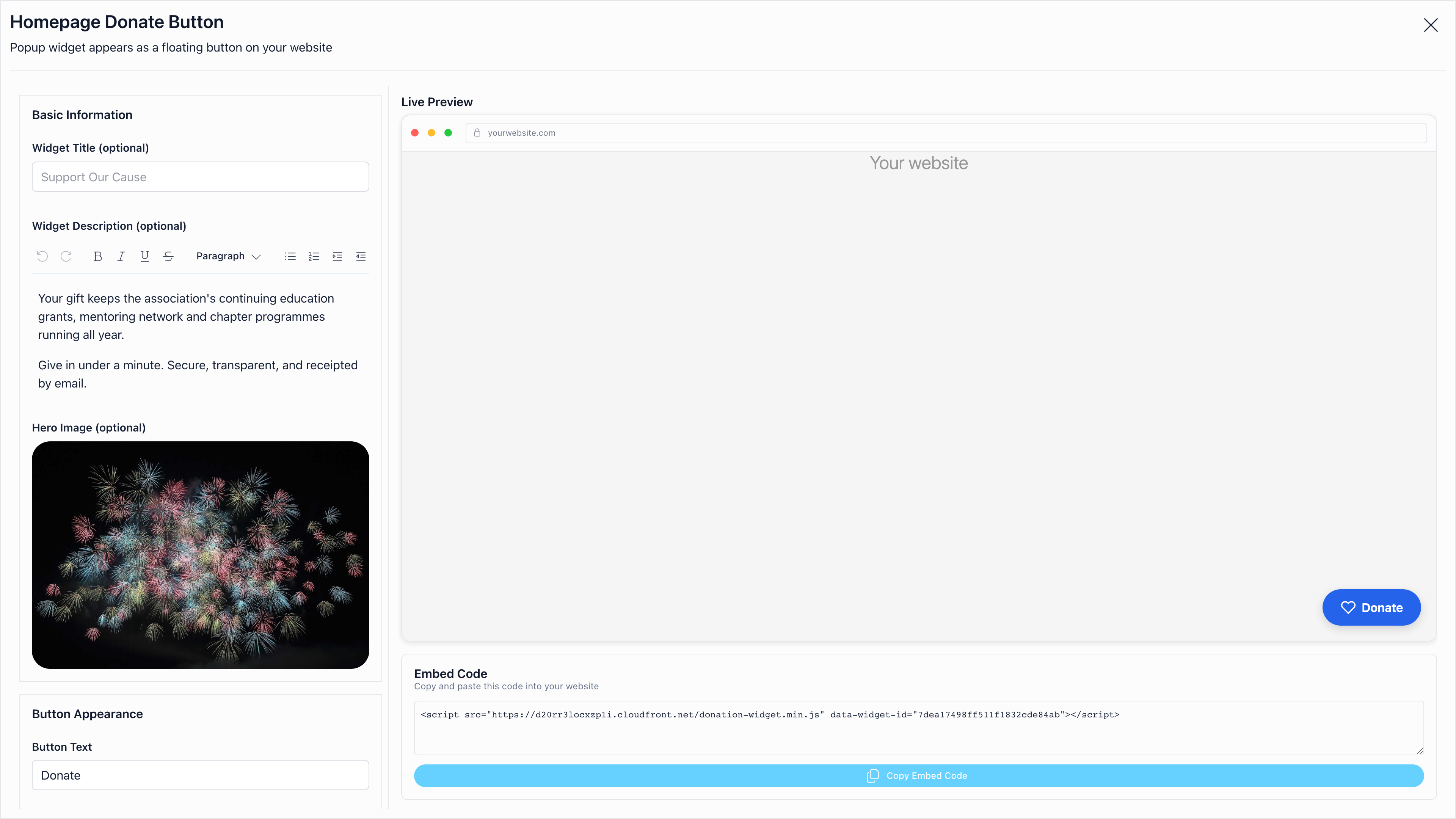 Donation widget configuration screen with basic information, appearance and donation settings on the left and a live widget preview on the right