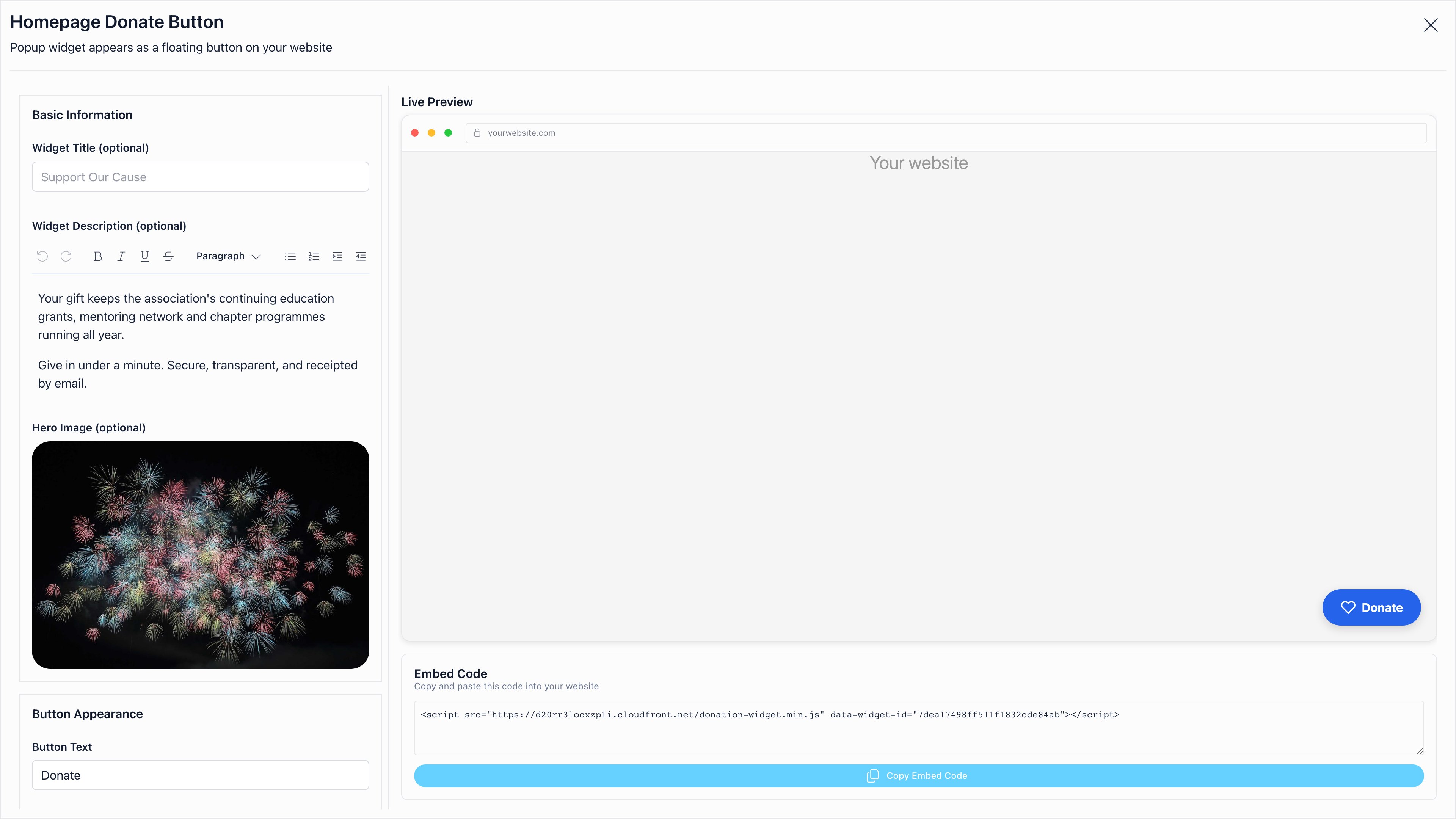 Donation widget configuration screen with basic information, appearance and donation settings on the left and a live widget preview on the right