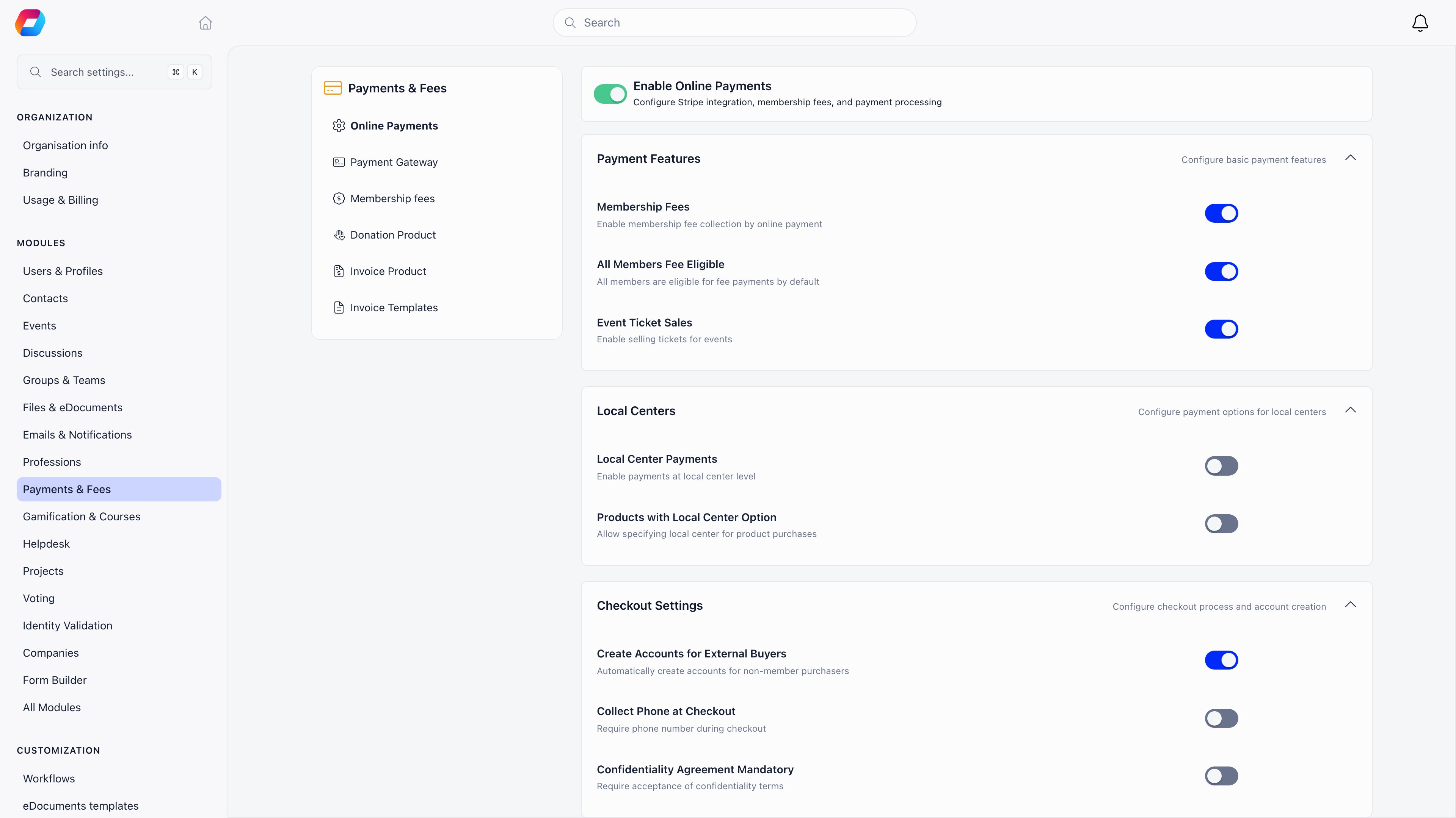 Online Payments module settings with the Enable Online Payments switch, Payment Features, a Local Centers group holding Local Center Payments and Products with Local Center Option, and Checkout Settings holding Create Accounts for External Buyers, Collect Phone at Checkout and Confidentiality Agreement Mandatory