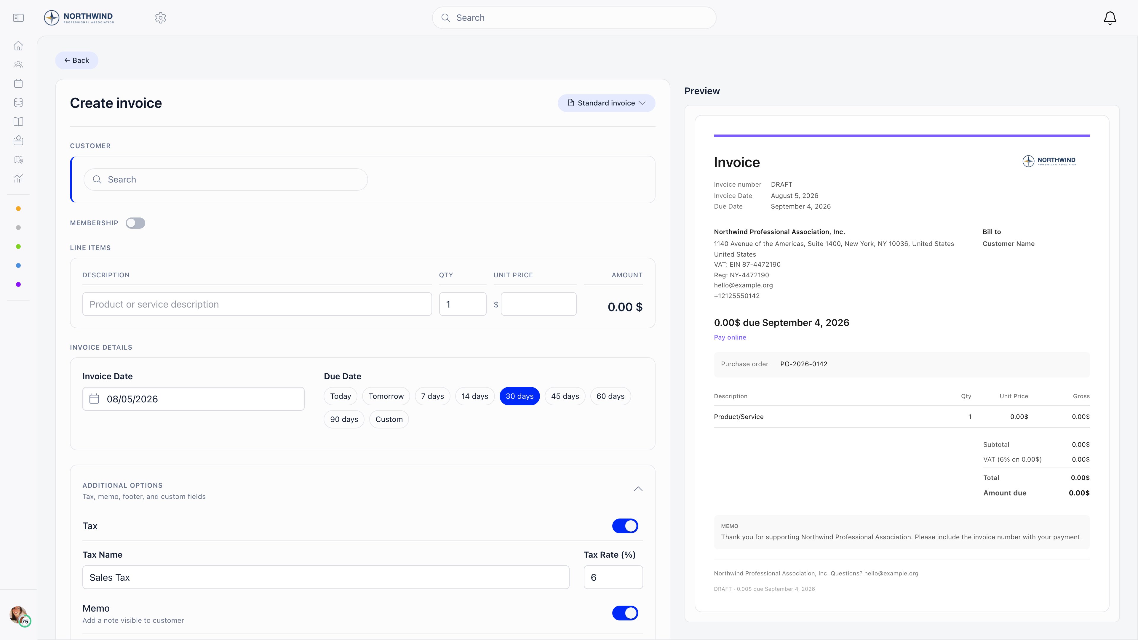 Invoice creation form with customer, line item and date sections beside a live preview of the invoice document