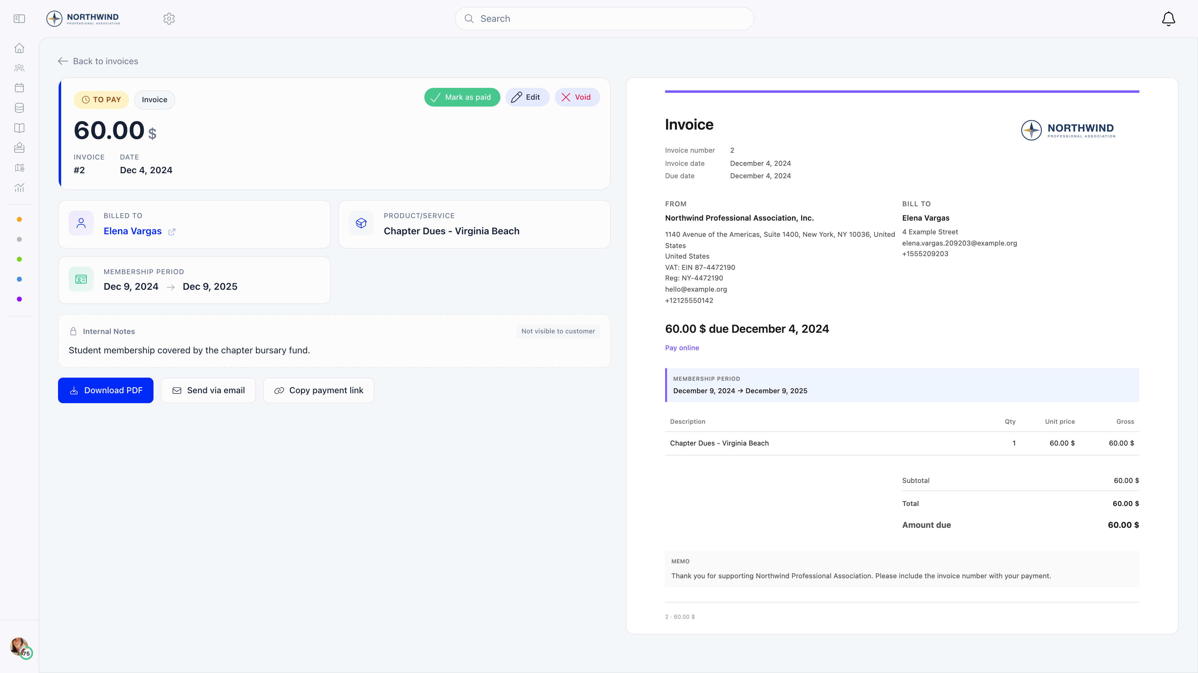 Unpaid invoice detail page showing the Mark as paid, Edit and Void buttons above the amount and billing summary