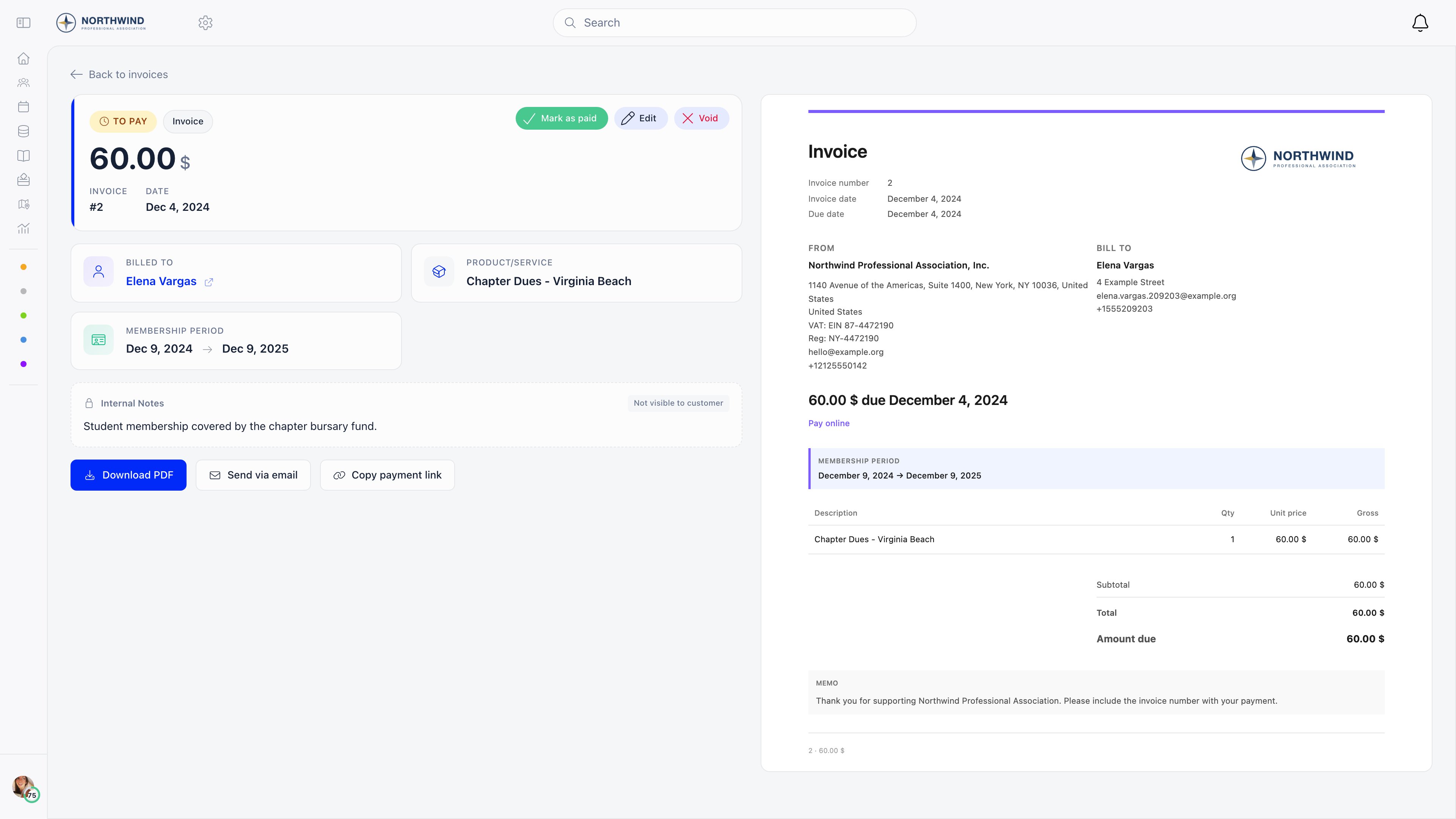Unpaid invoice detail page showing the Mark as paid, Edit and Void buttons above the amount and billing summary