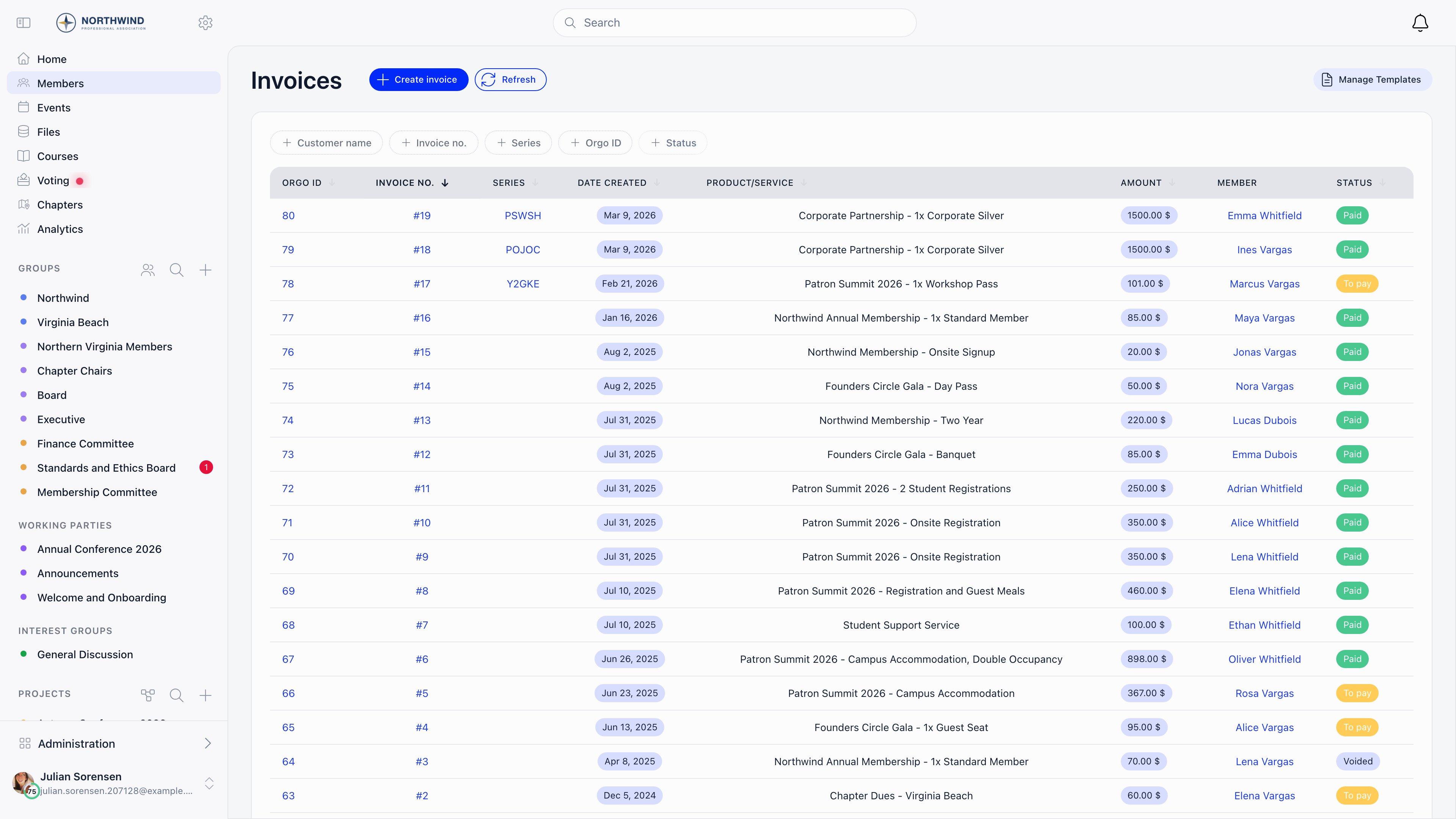 Invoice list with filter pills for customer name, invoice number, series, Orgo ID and status, and a table of invoices with paid and unpaid tags