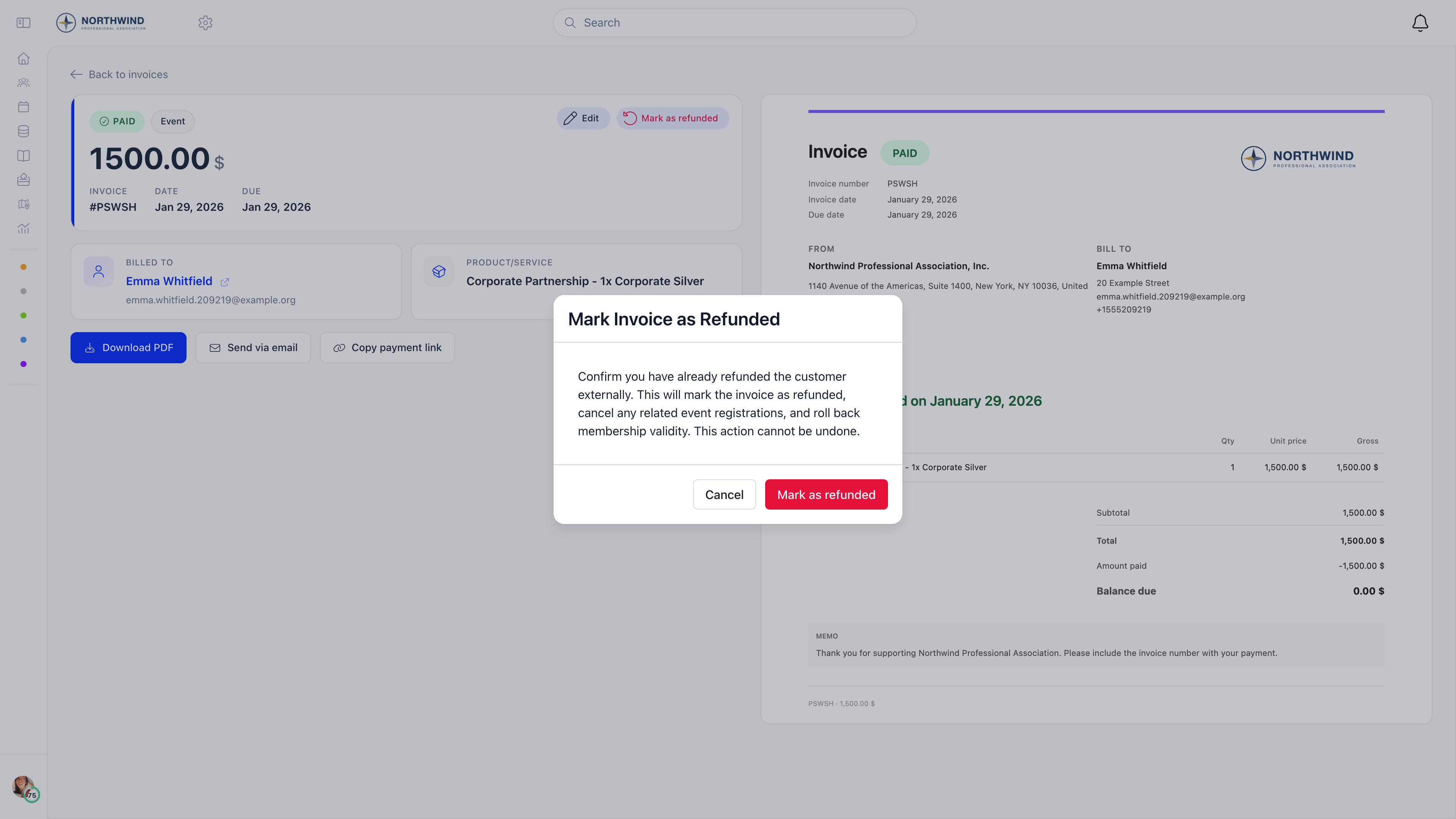 Confirmation dialog asking the administrator to confirm the customer was already refunded externally before marking the invoice as refunded