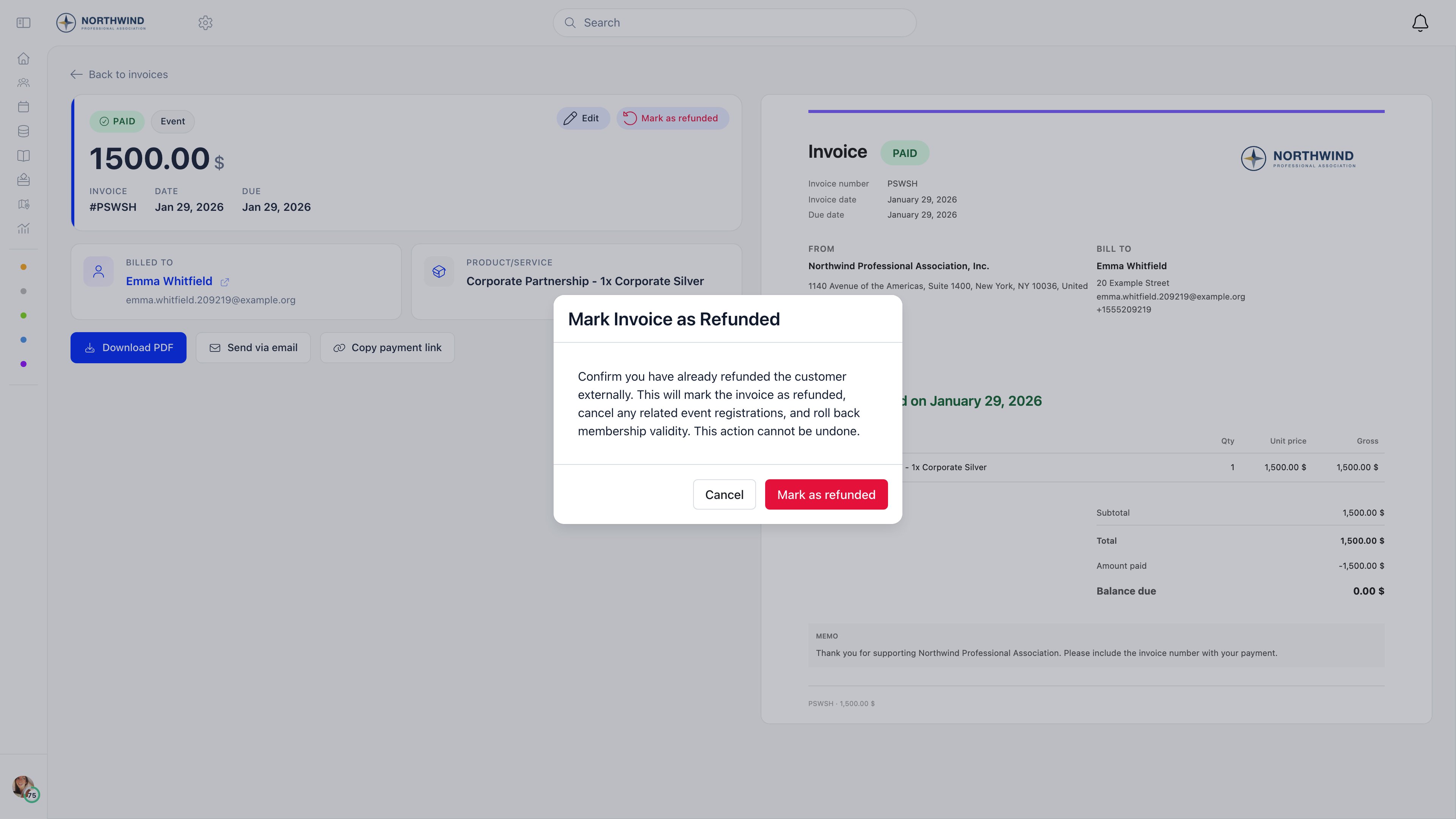 Confirmation dialog asking the administrator to confirm the customer was already refunded externally before marking the invoice as refunded