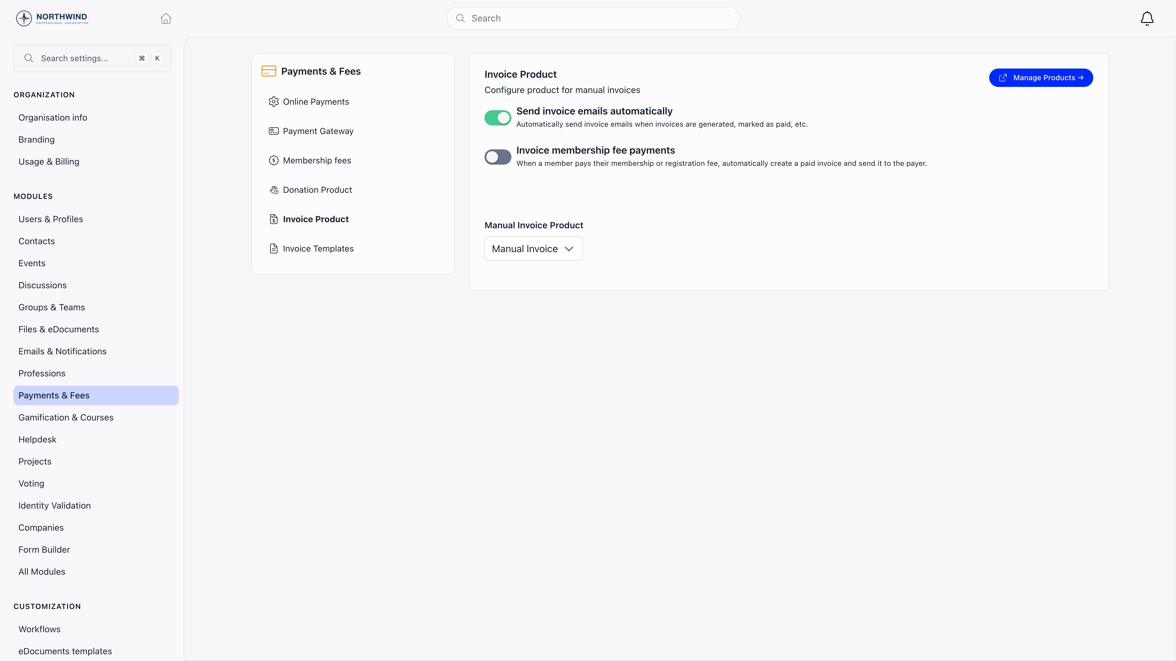 Invoice Product settings showing the automatic email switch, the membership fee invoicing switch and the manual invoice product picker