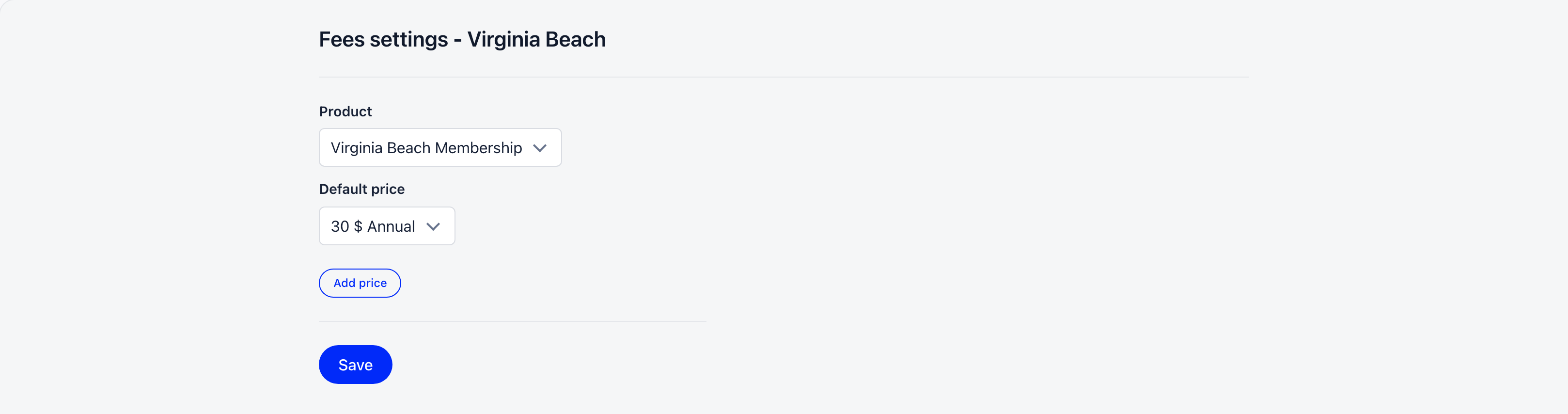 Chapter fee settings showing the Product and Default price selectors with Add price and Save