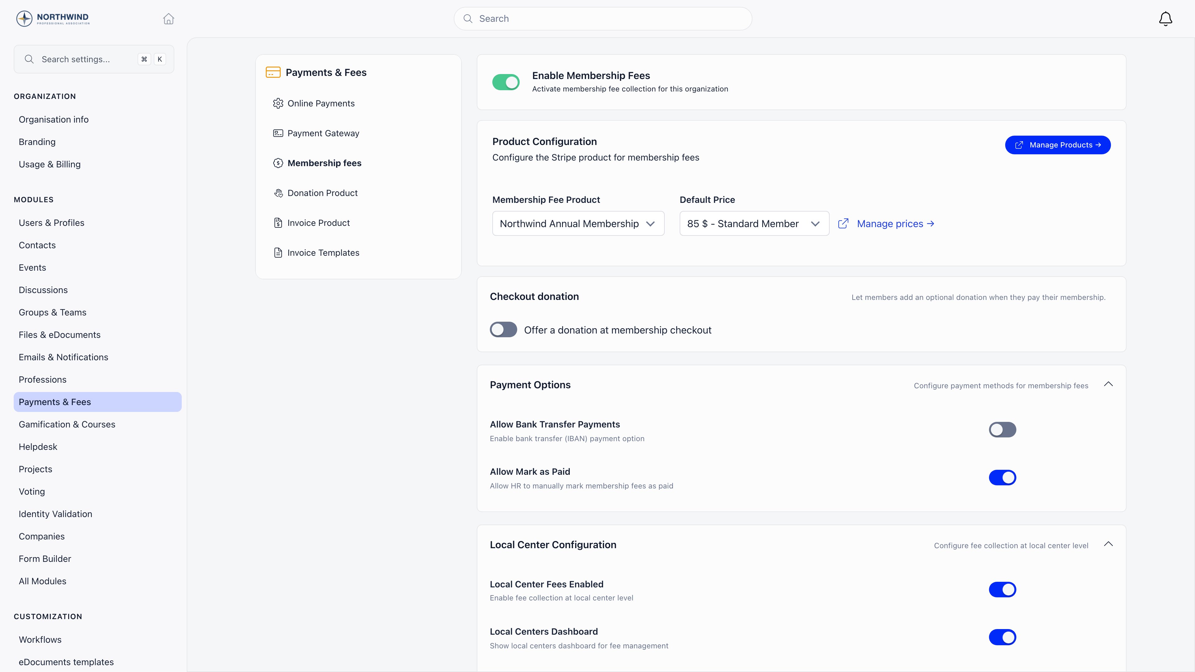 Membership fees settings with Enable Membership Fees on, a Membership Fee Product and Default Price selected in the Product Configuration card, and the Allow Mark as Paid and Local Center Fees Enabled switches below