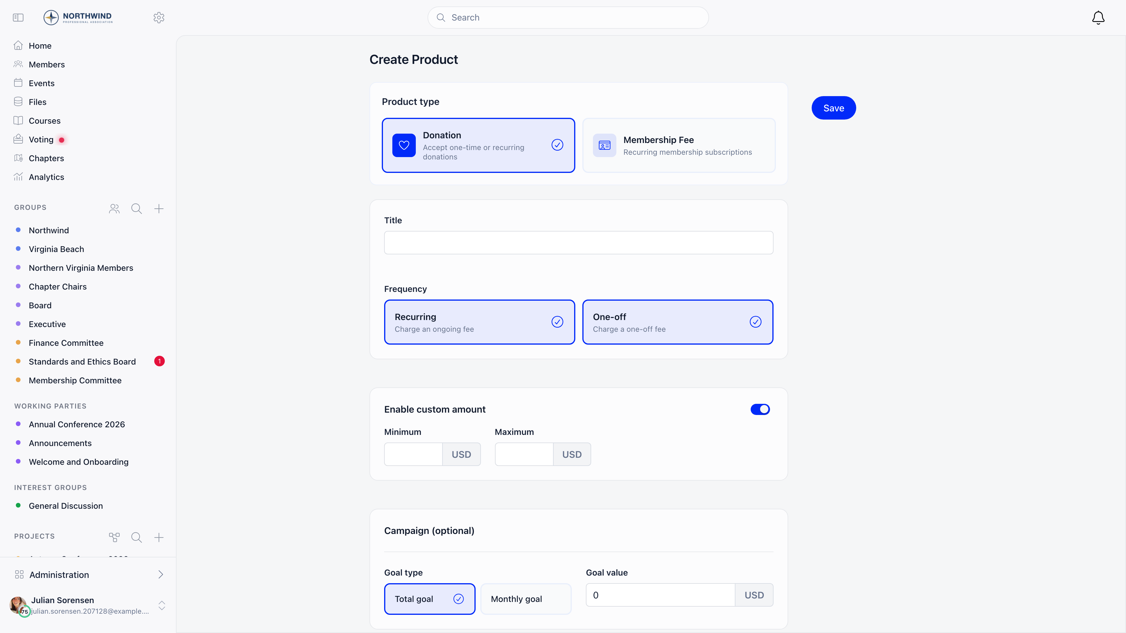 Create Product form with the Donation and Membership Fee type cards, Title, Frequency, Custom amount and Campaign sections