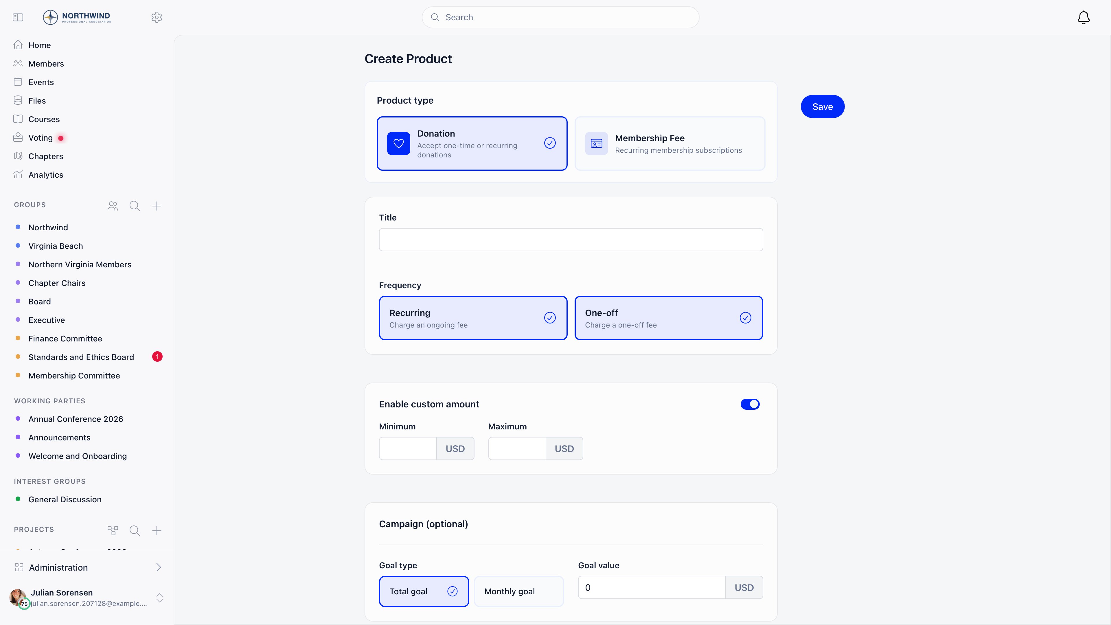 Create Product form with the Donation and Membership Fee type cards, Title, Frequency, Custom amount and Campaign sections