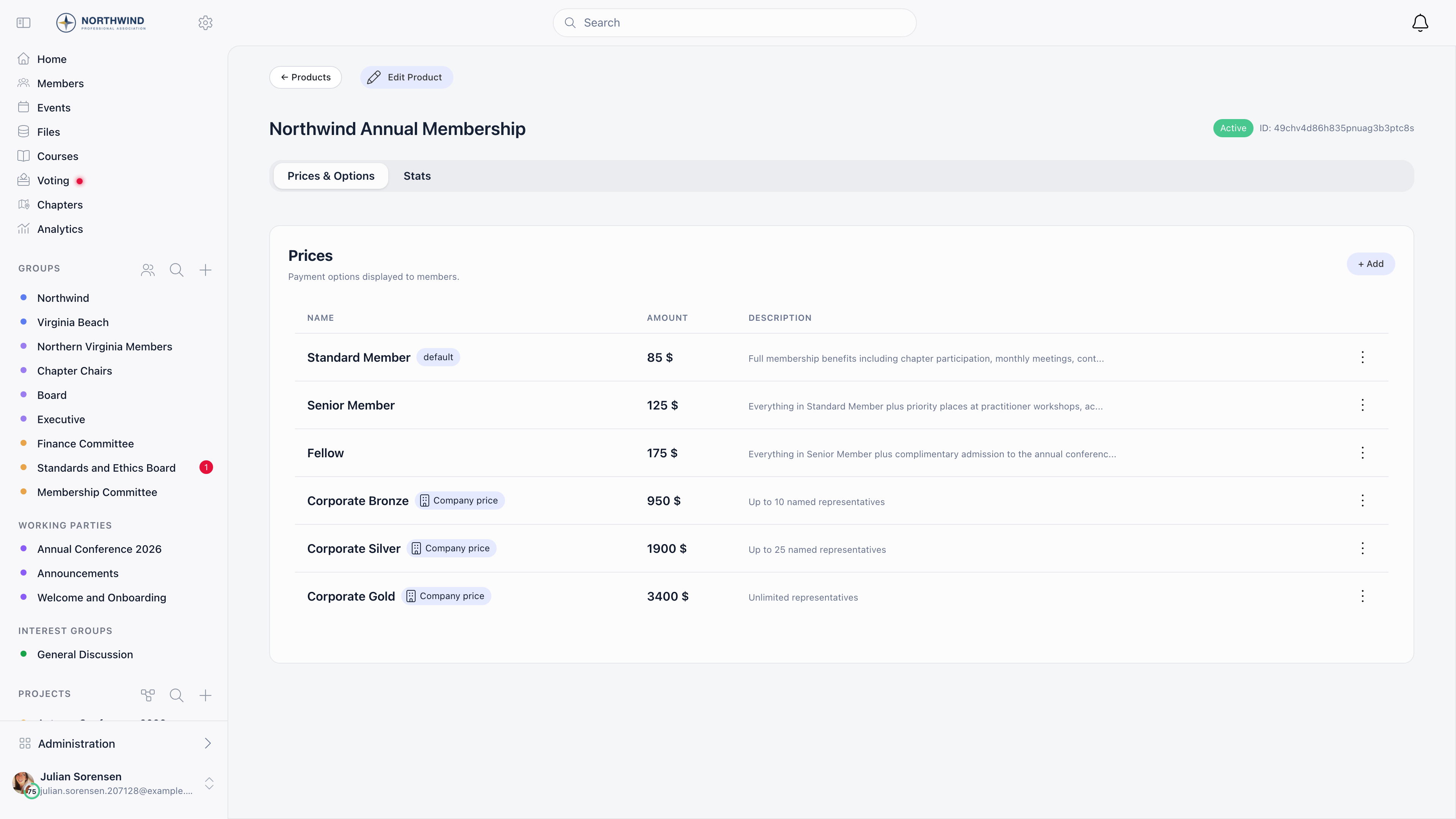 Prices and Options tab of a membership fee product listing six prices with names, amounts and descriptions: three individual tiers where the cheapest carries a default badge, and three corporate tiers each tagged Company price with the number of named representatives they include