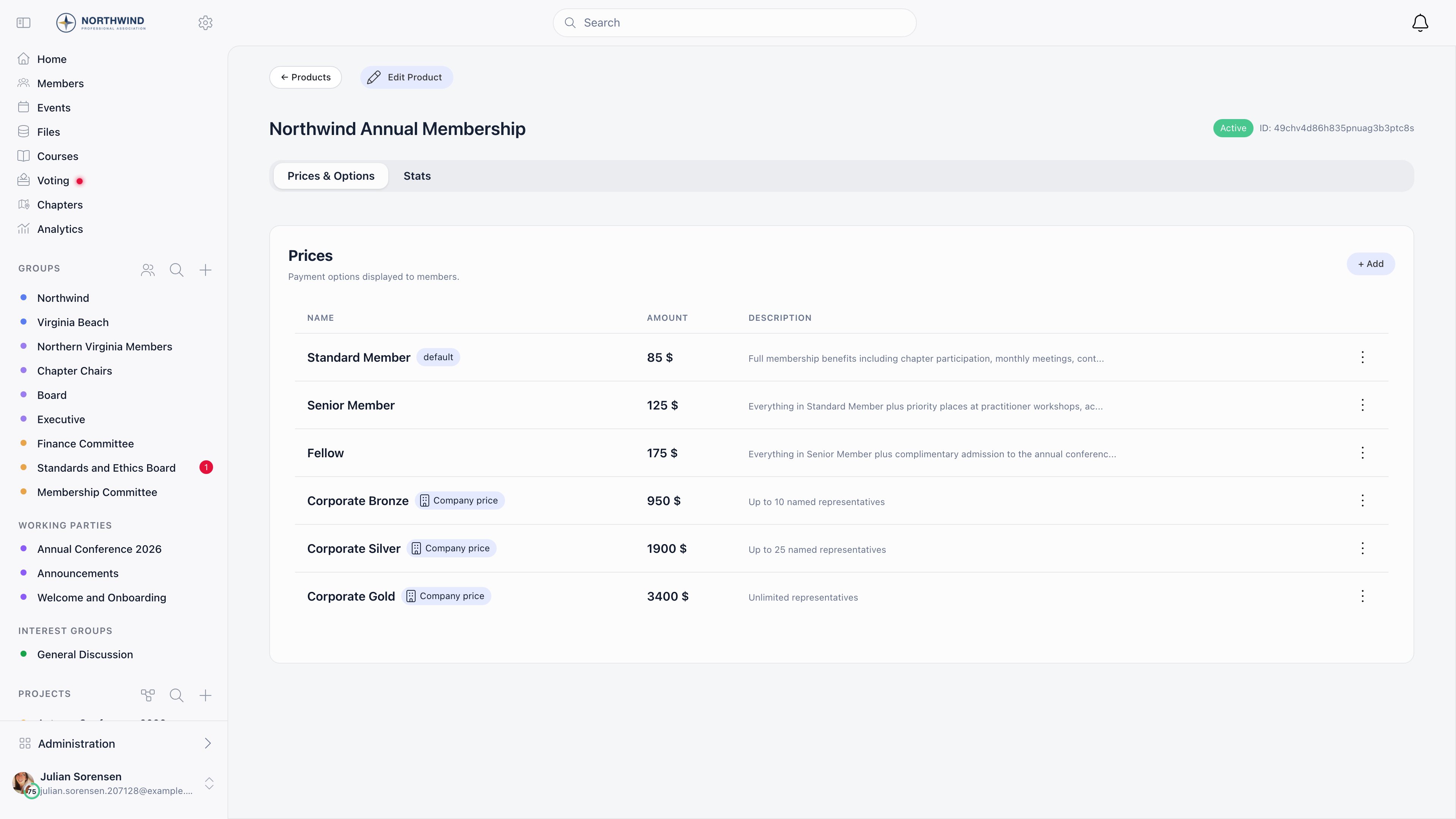 Prices and Options tab of a membership fee product listing six prices with names, amounts and descriptions: three individual tiers where the cheapest carries a default badge, and three corporate tiers each tagged Company price with the number of named representatives they include