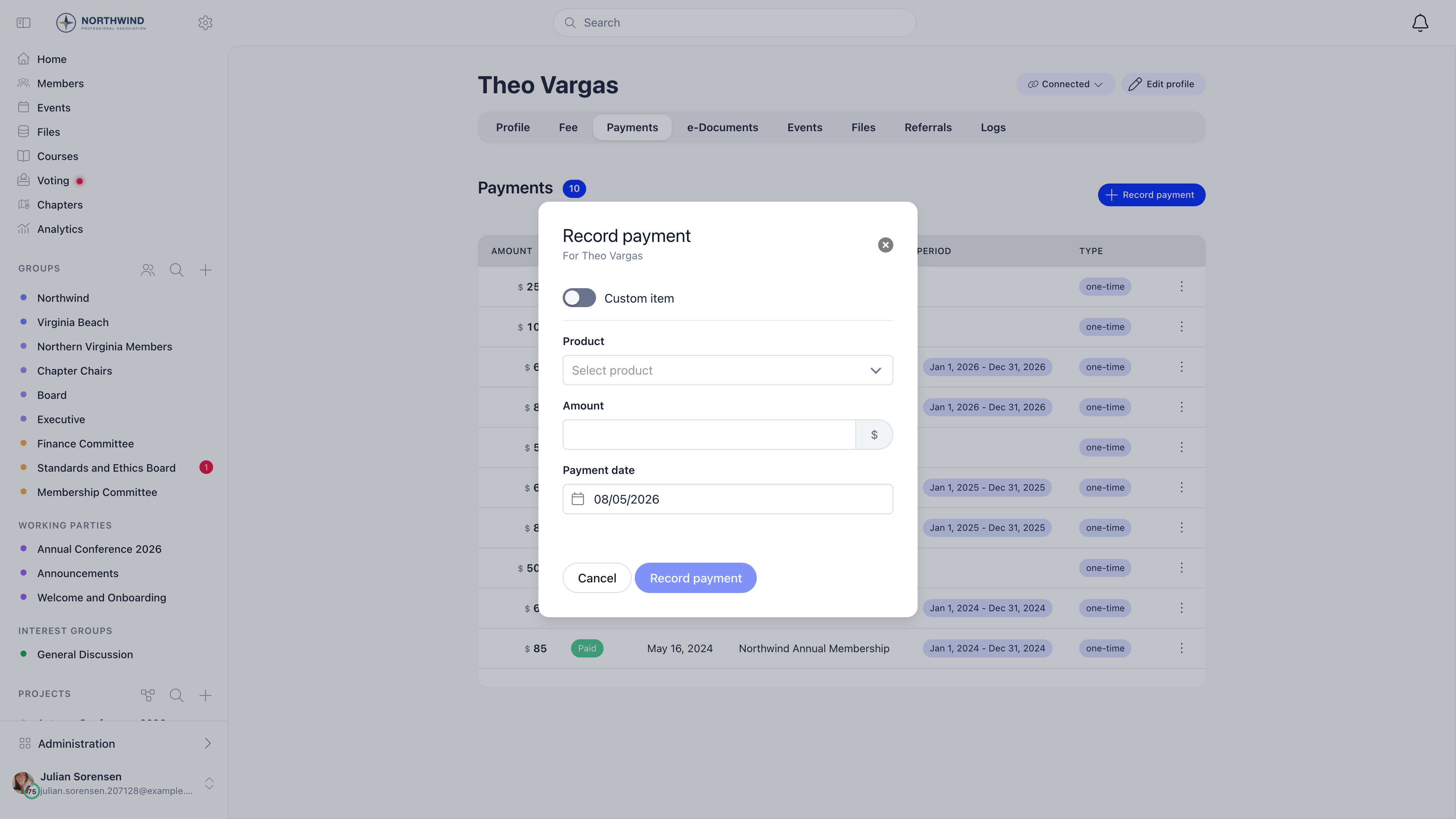 Record payment modal with the custom item switch, the product picker, the amount field and the payment date picker