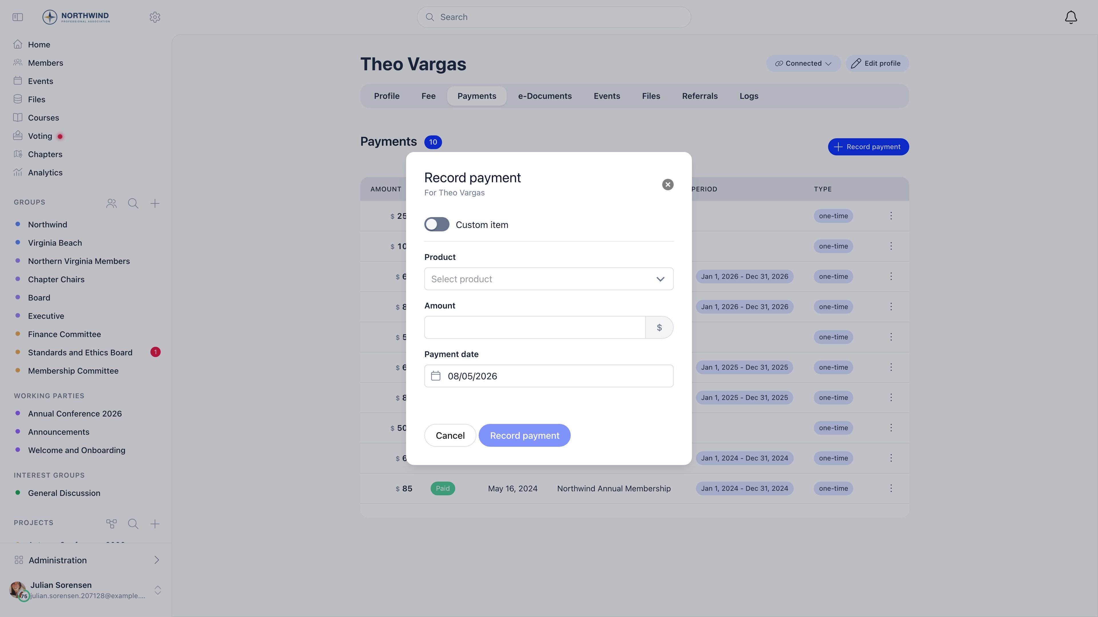 Record payment modal with the custom item switch, the product picker, the amount field and the payment date picker