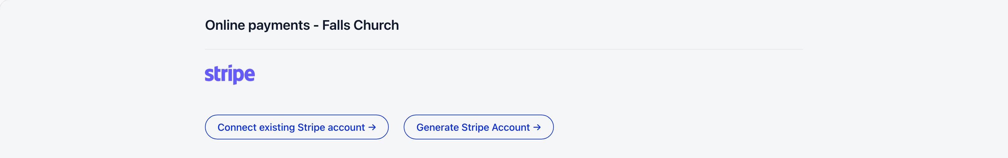 Online payments settings with no Stripe account linked, showing the Connect existing Stripe account and Generate Stripe Account buttons