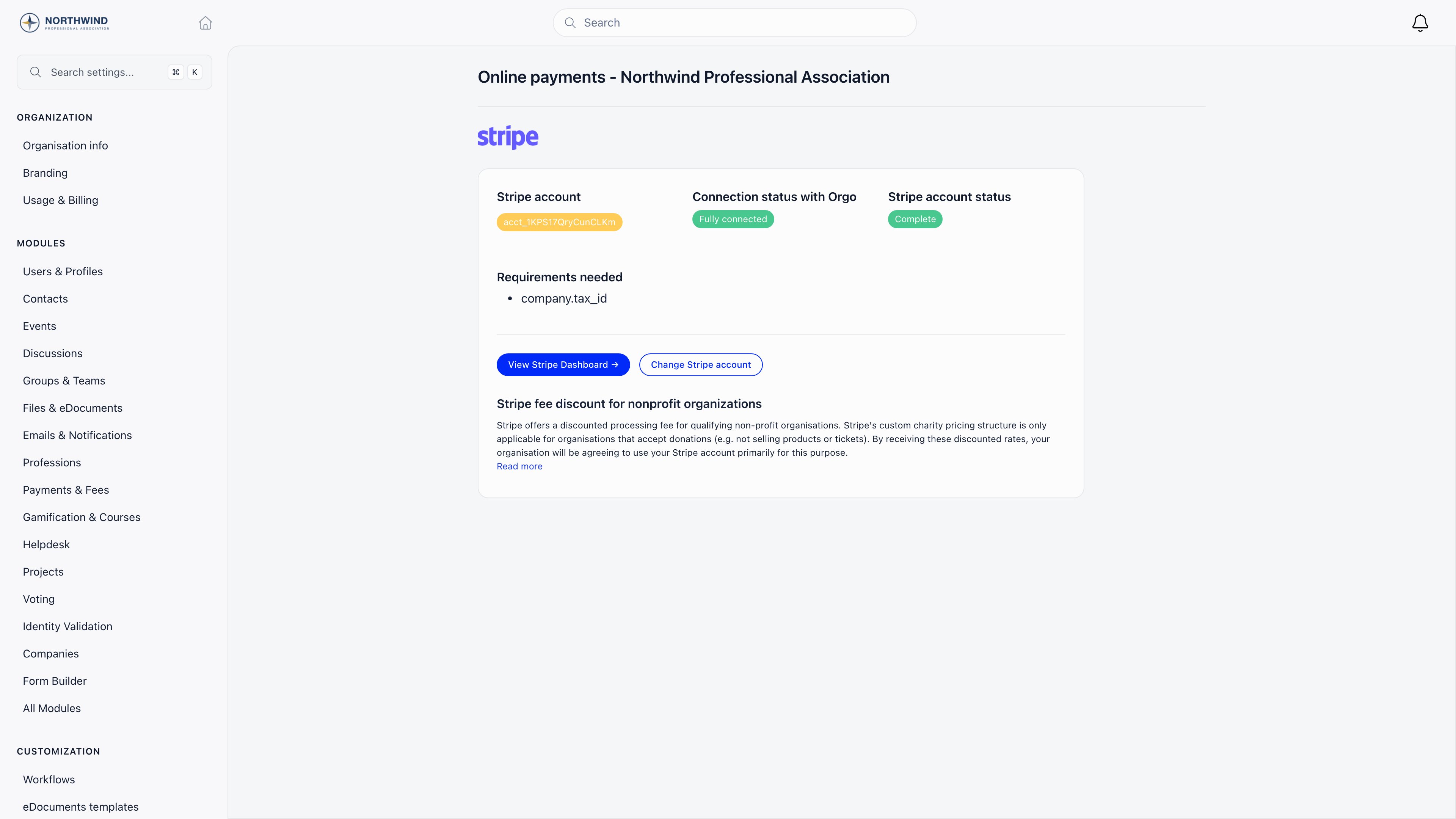 Payment Gateway settings showing a connected Stripe account id, a Fully connected badge, a Complete account status, one outstanding requirement, and buttons for View Stripe Dashboard and Change Stripe account