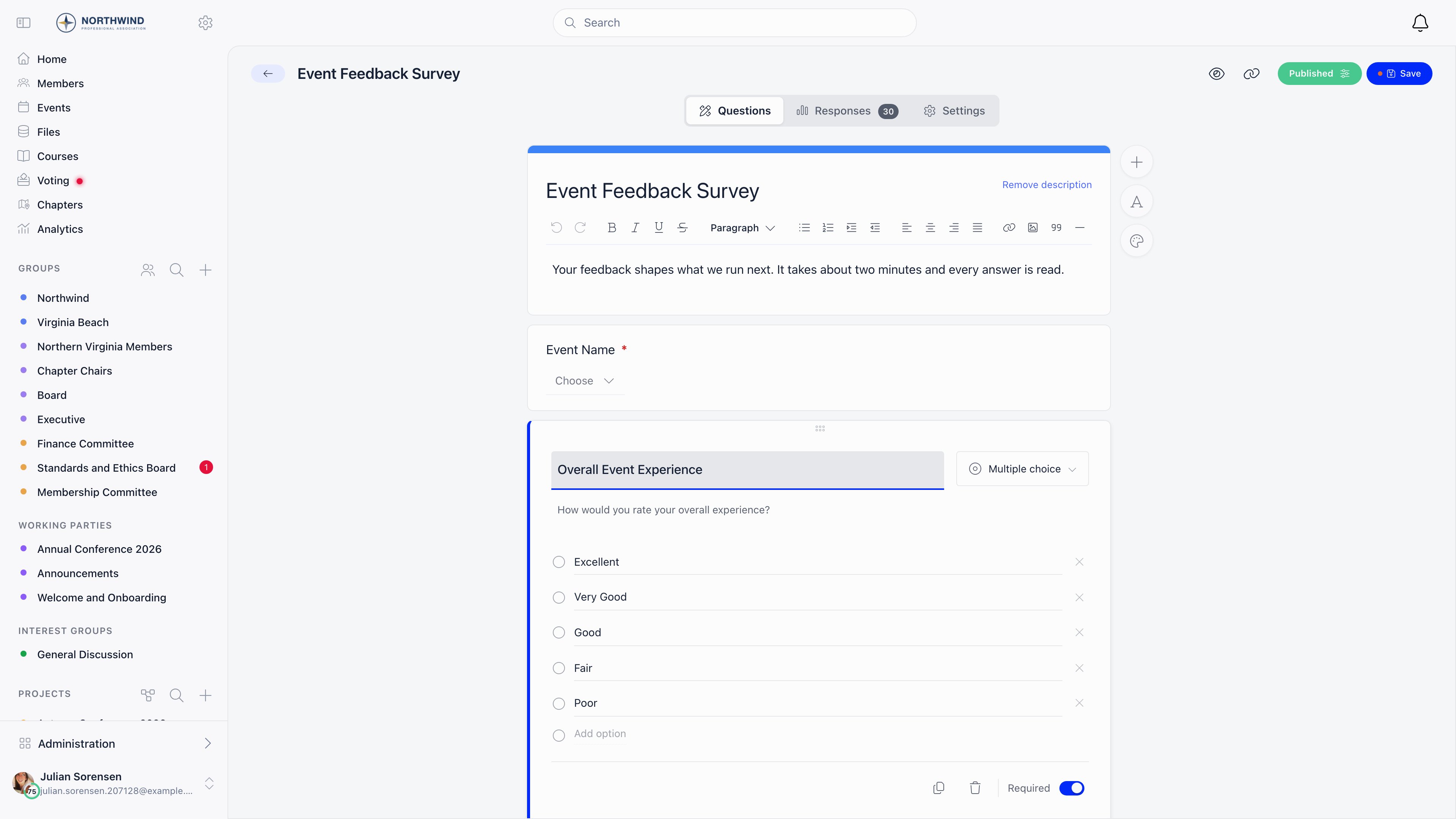 Form builder Questions tab with the header card, a multiple choice question expanded for editing beside collapsed ones, and the floating add-question toolbar