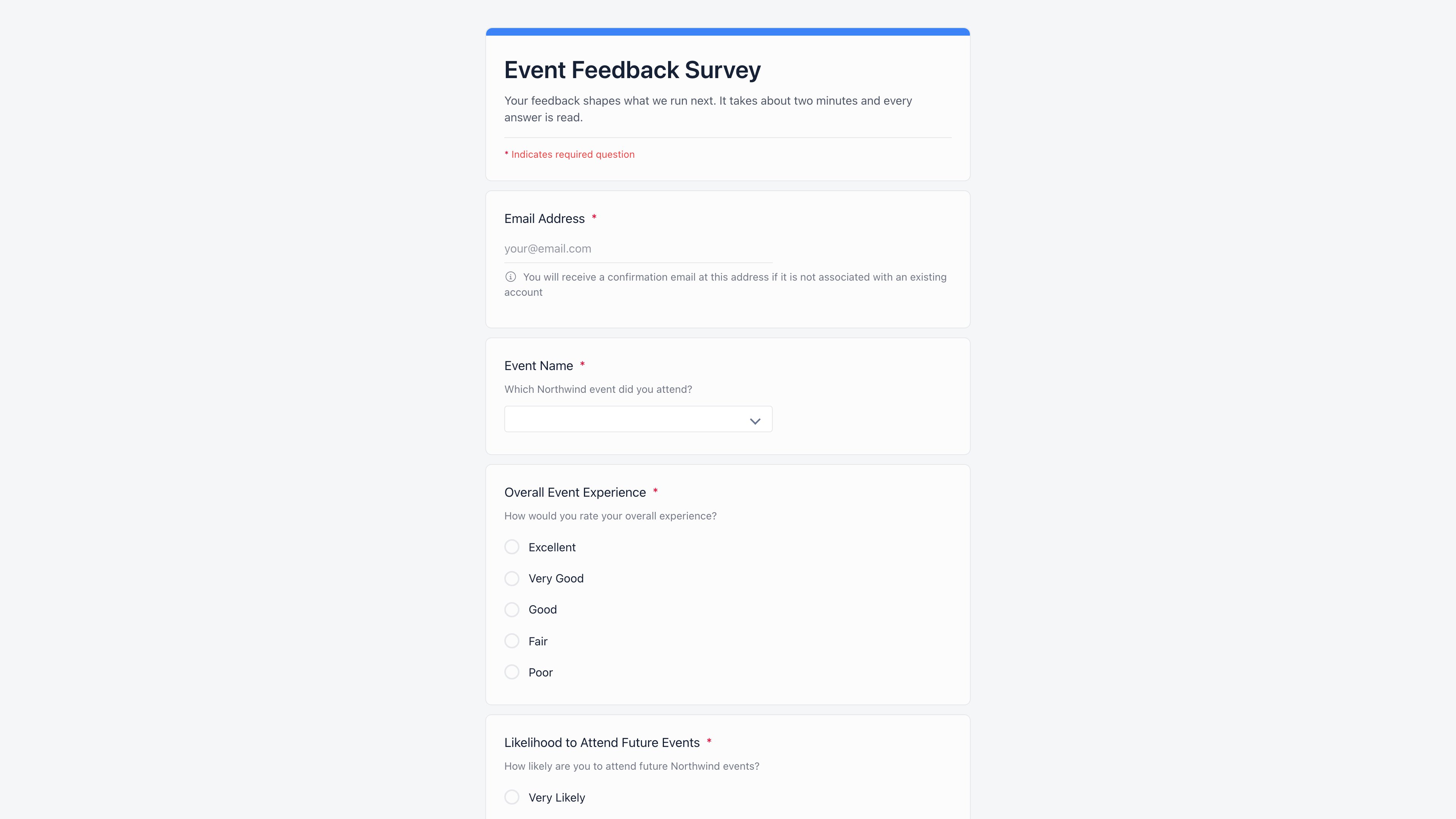 Public form page as a signed-out respondent sees it: the title card, the email address card, and the first questions each in their own card