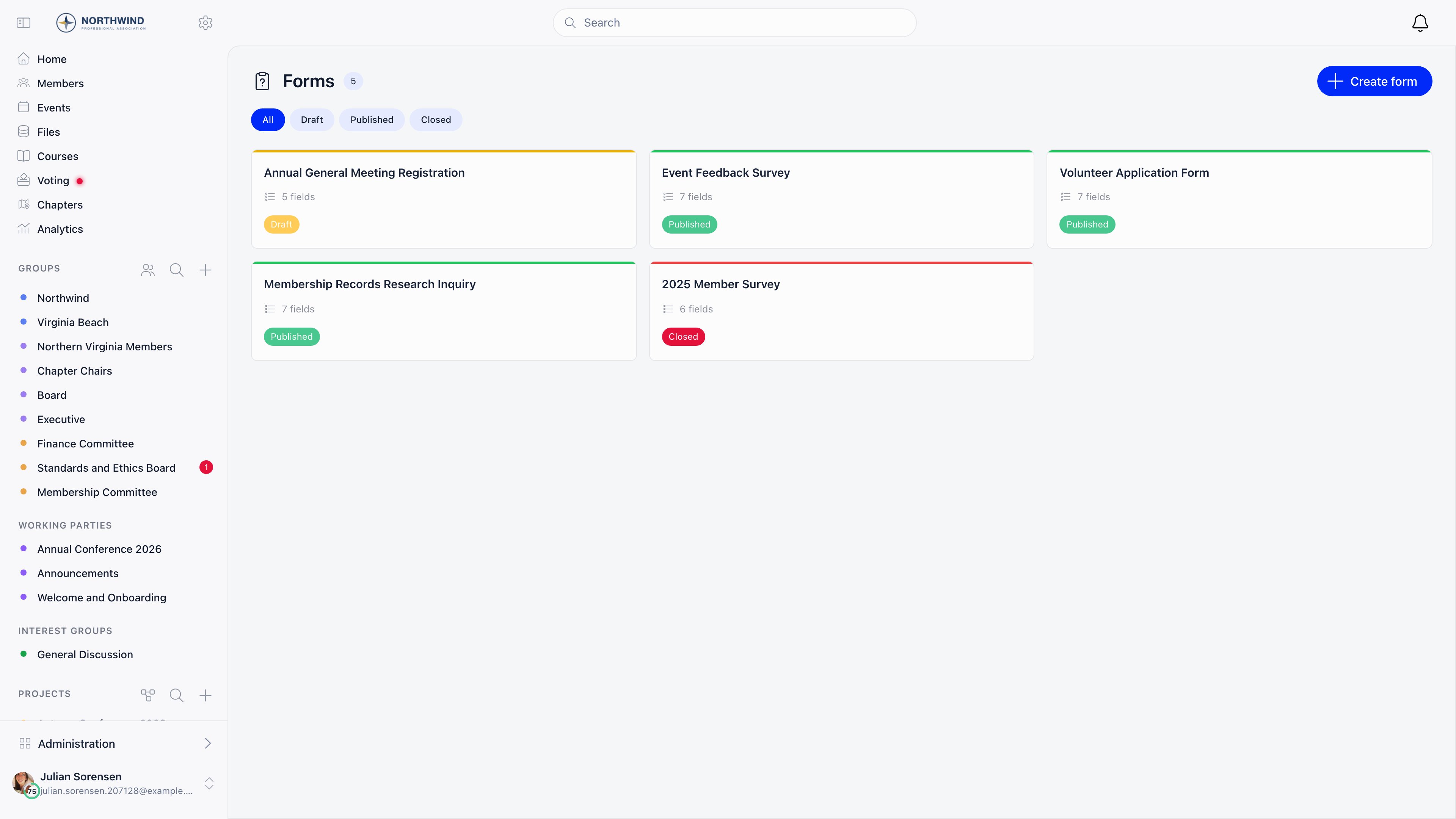 Forms list showing status filter pills and a grid of form cards with field counts and Published, Draft and Closed status tags
