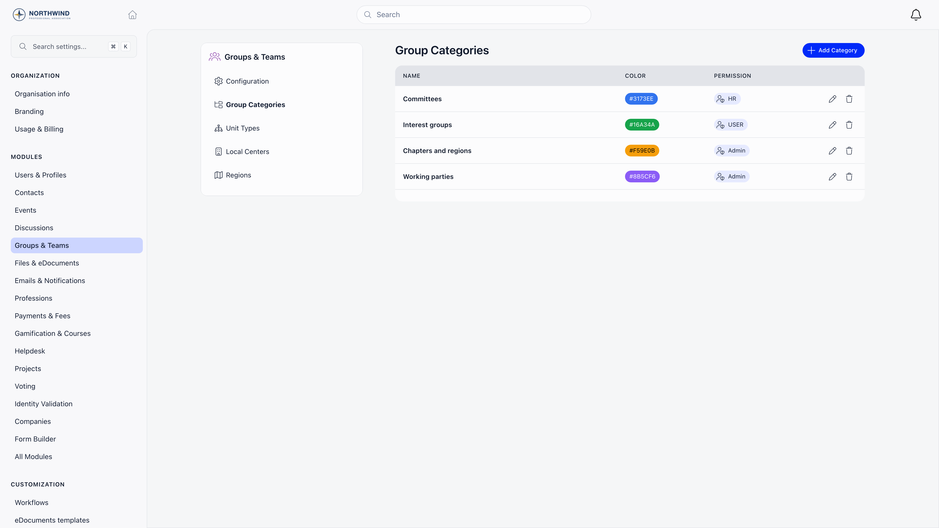 Group Categories settings page listing categories with their colour and the permission required to create groups in each