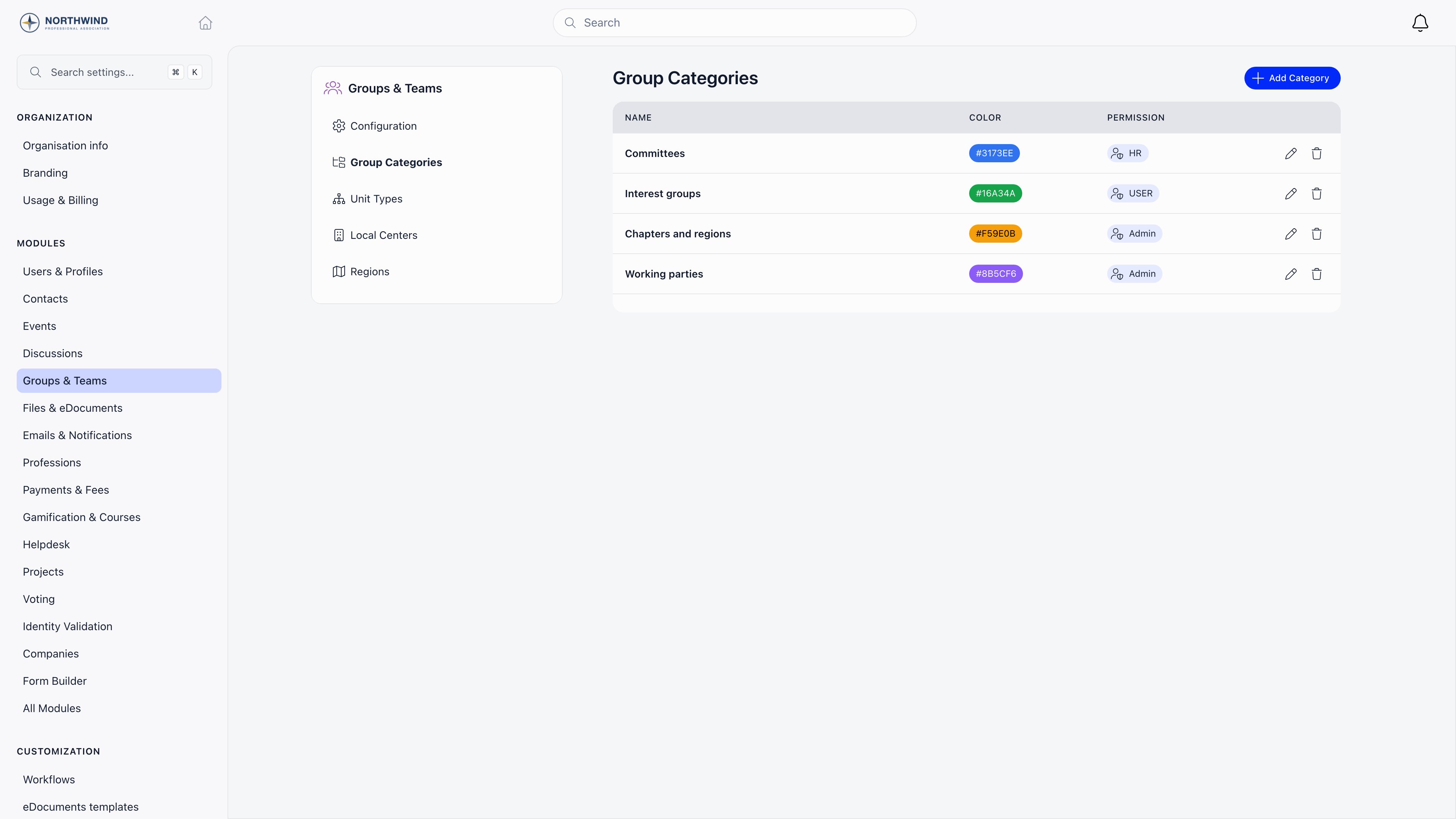 Group Categories settings page listing categories with their colour and the permission required to create groups in each