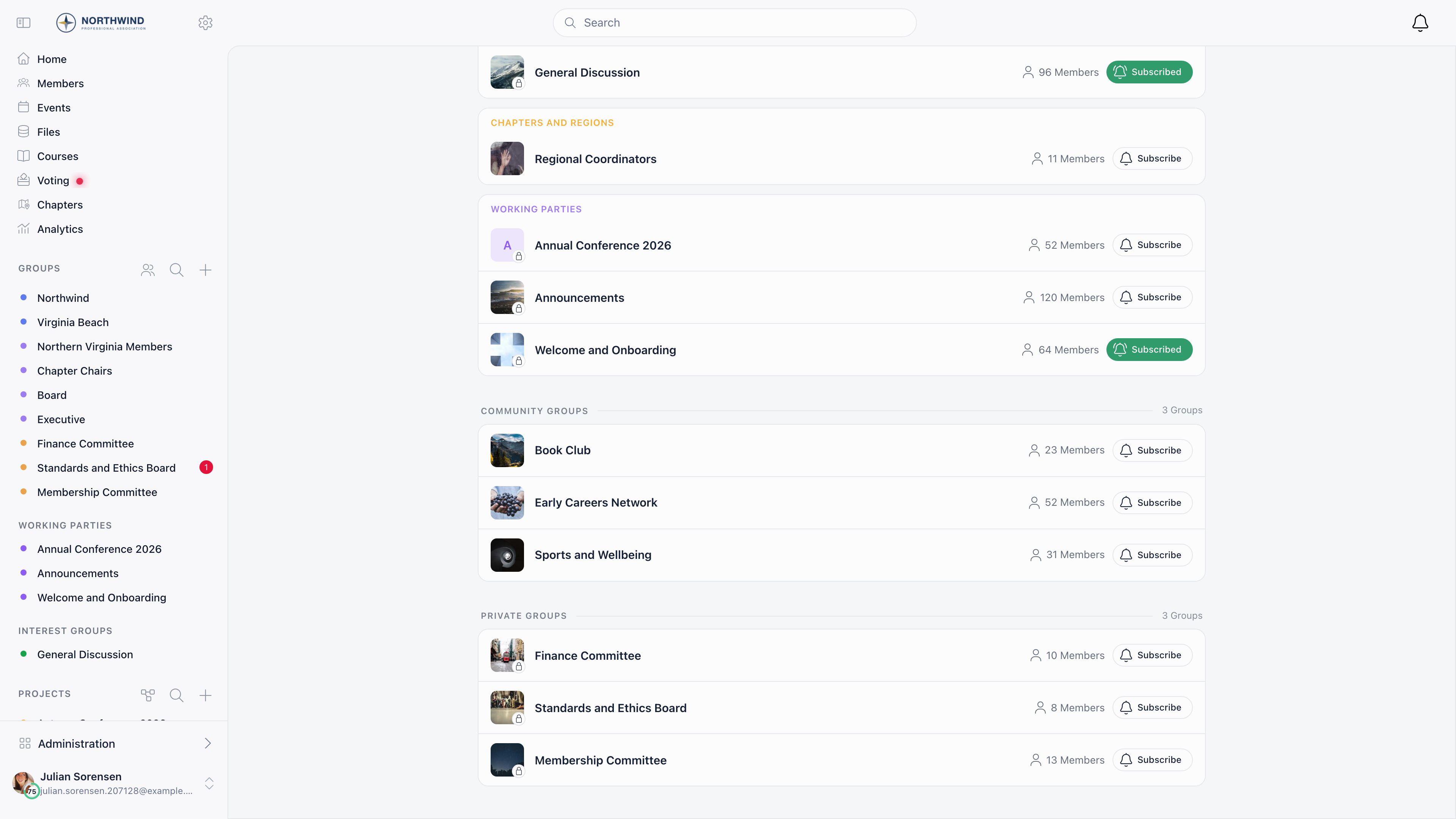 Bottom of the Groups page showing the Community groups section and the Private groups section, each group listed with its member count