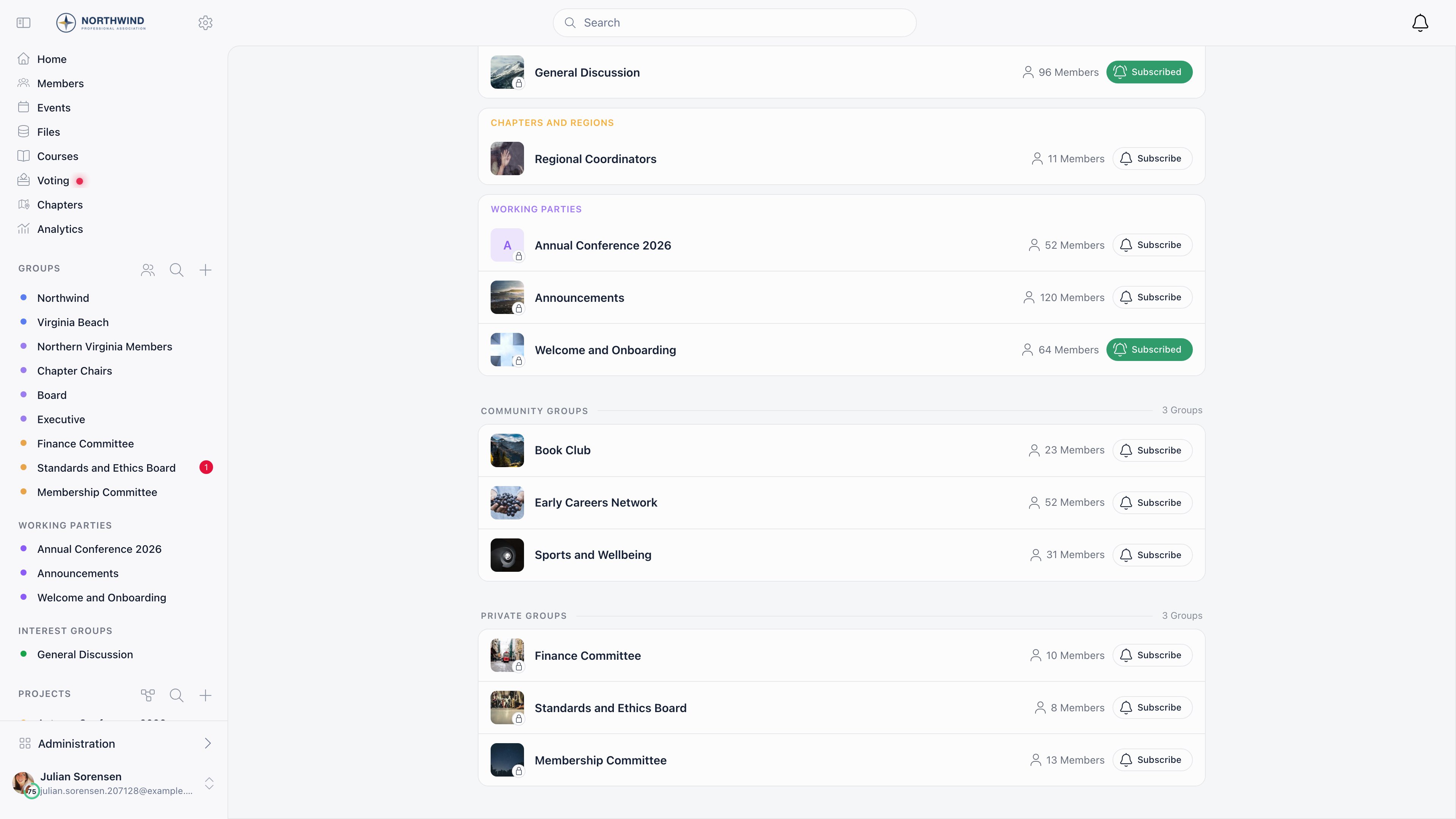 Bottom of the Groups page showing the Community groups section and the Private groups section, each group listed with its member count